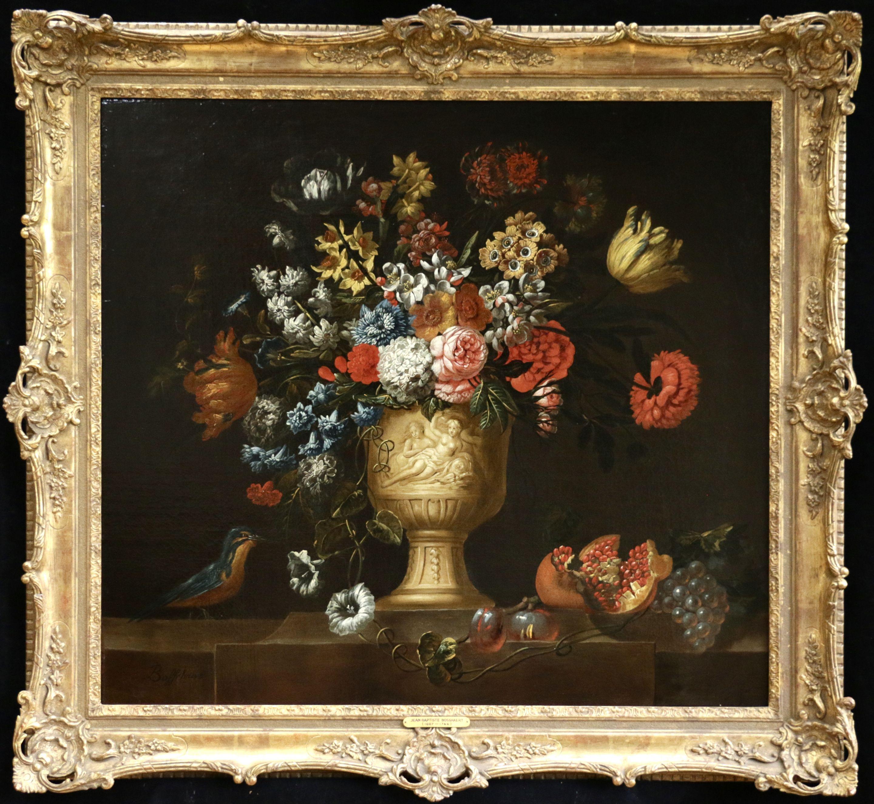 Jean Baptiste Bosschaert Interior Painting - Vase of Summer Flowers-18th Century Oil, Flowers, Fruit & Bird by J B Bosschaert