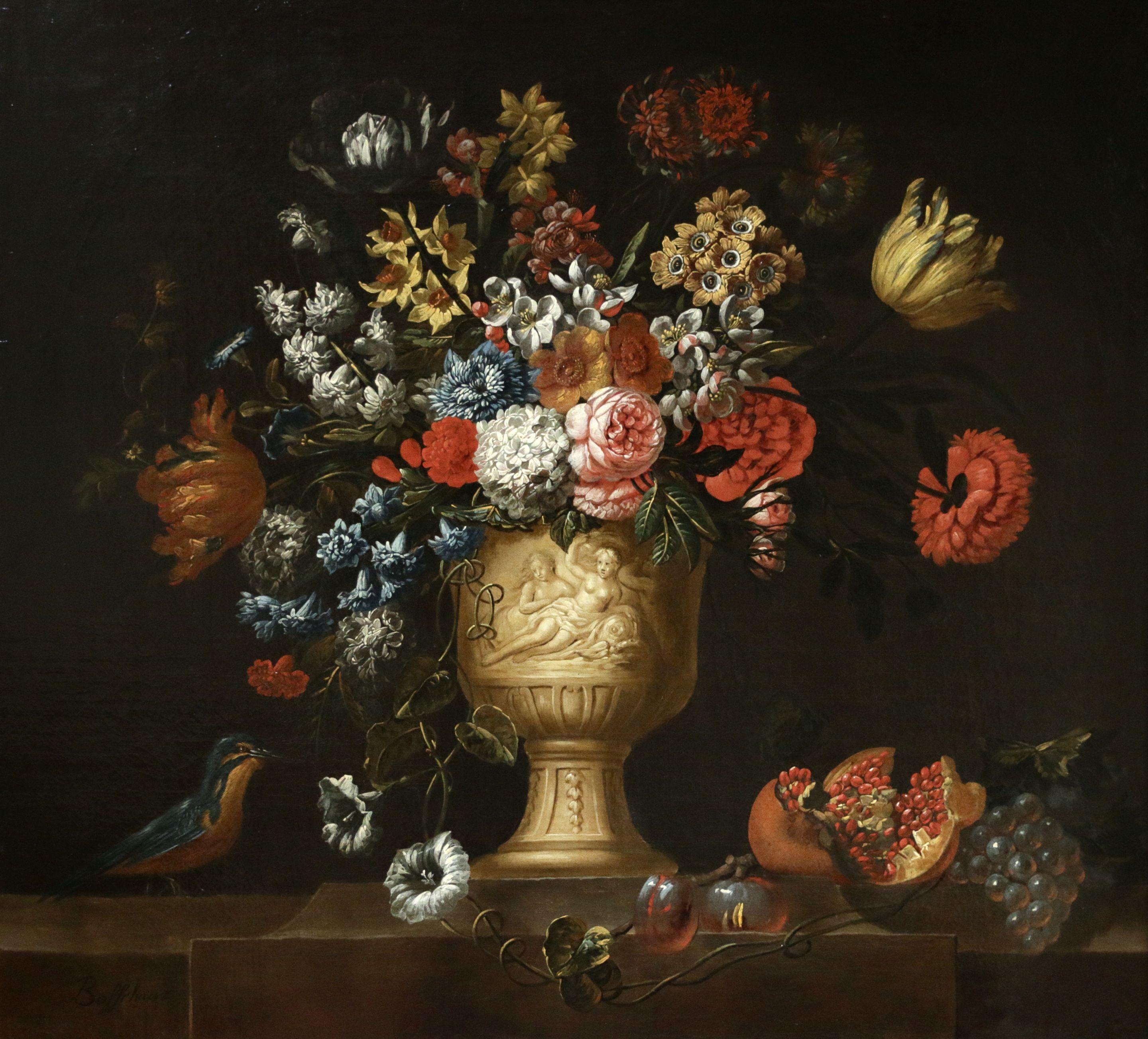 Vase mit Sommerblumen:: Öl:: Blumen:: Obst und Vogel:: 18. Jahrhundert:: von J B Bosschaert – Painting von Jean Baptiste Bosschaert