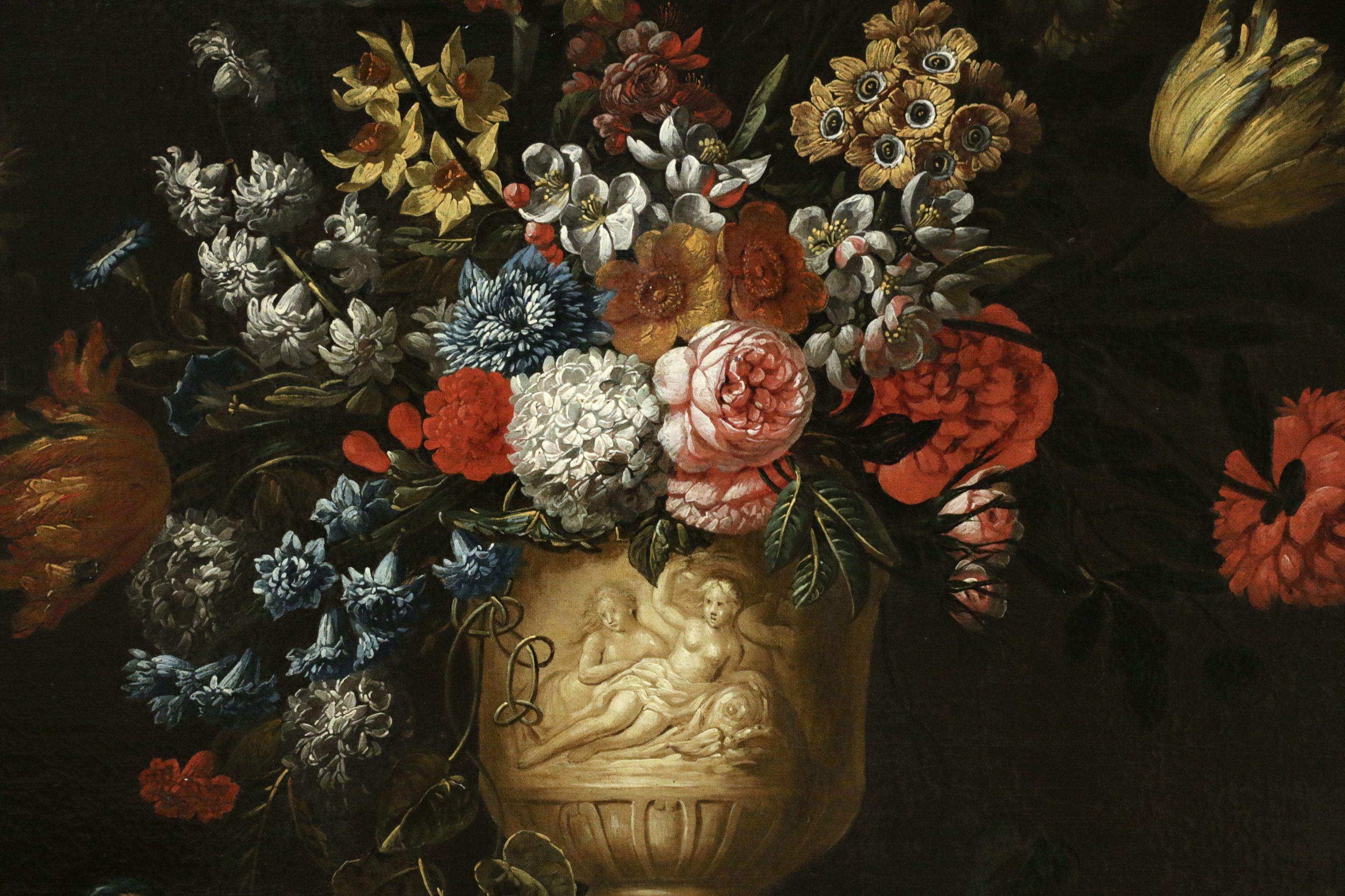 Vase mit Sommerblumen:: Öl:: Blumen:: Obst und Vogel:: 18. Jahrhundert:: von J B Bosschaert (Alte Meister), Painting, von Jean Baptiste Bosschaert