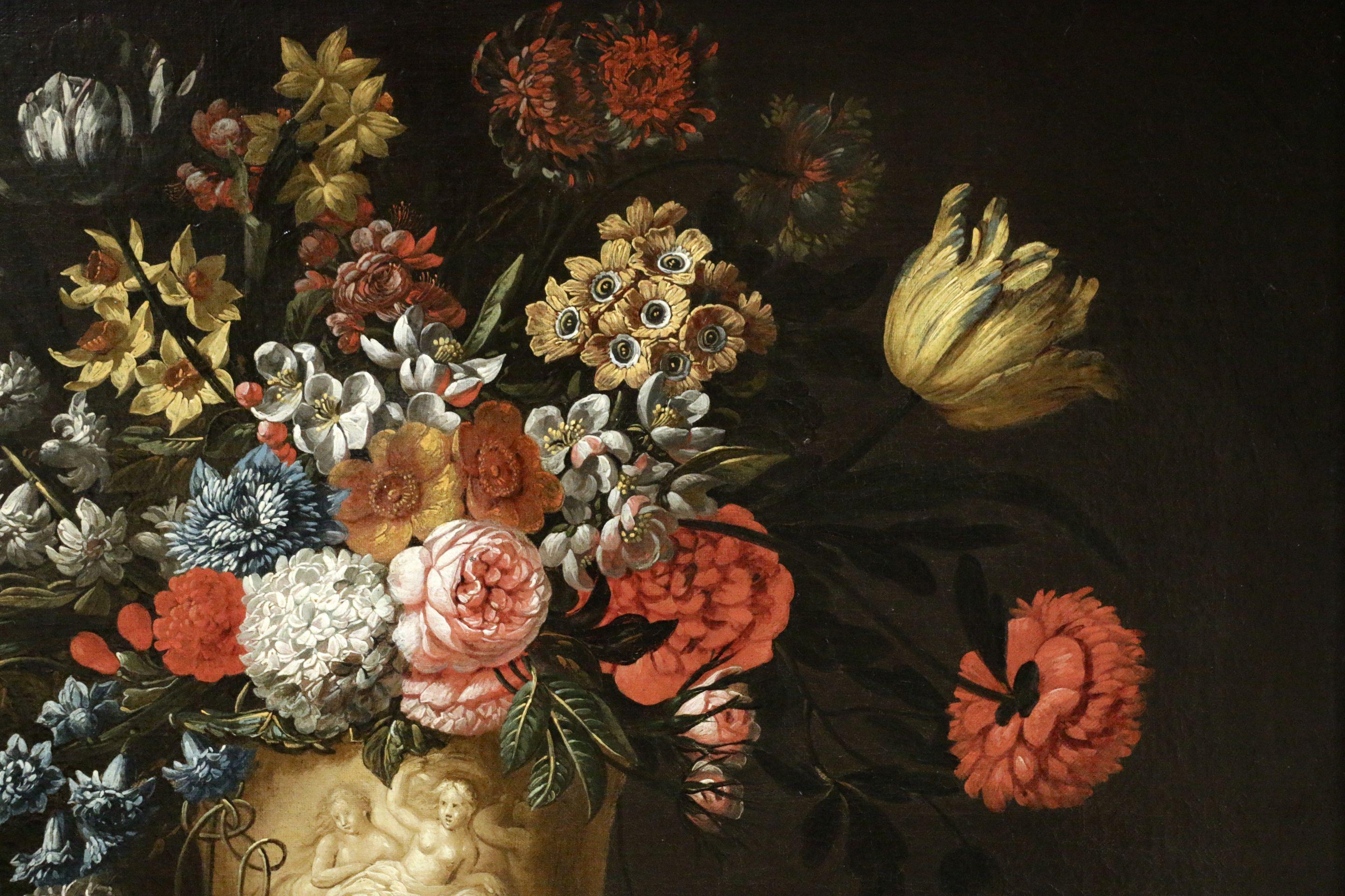 Vase mit Sommerblumen:: Öl:: Blumen:: Obst und Vogel:: 18. Jahrhundert:: von J B Bosschaert (Schwarz), Interior Painting, von Jean Baptiste Bosschaert