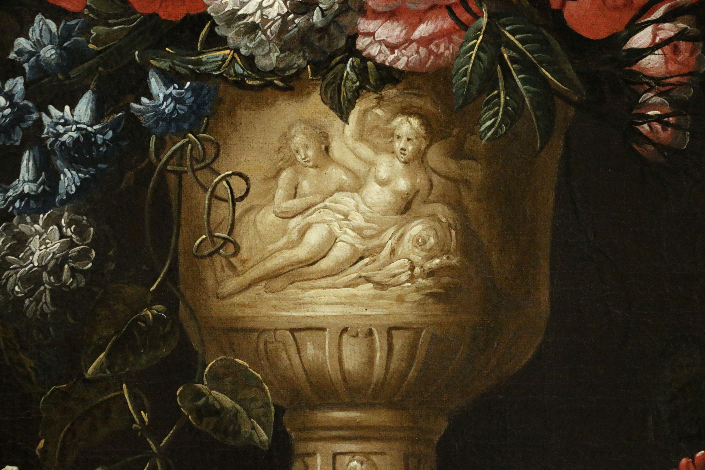 Vase of Summer Flowers-18th Century Oil, Flowers, Fruit & Bird by J B Bosschaert - Black Interior Painting by Jean Baptiste Bosschaert
