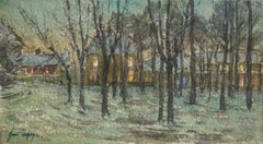Notte di neve - Douai - Acquerello del XIX secolo, Villaggio francese innevato di H. H. Duhem