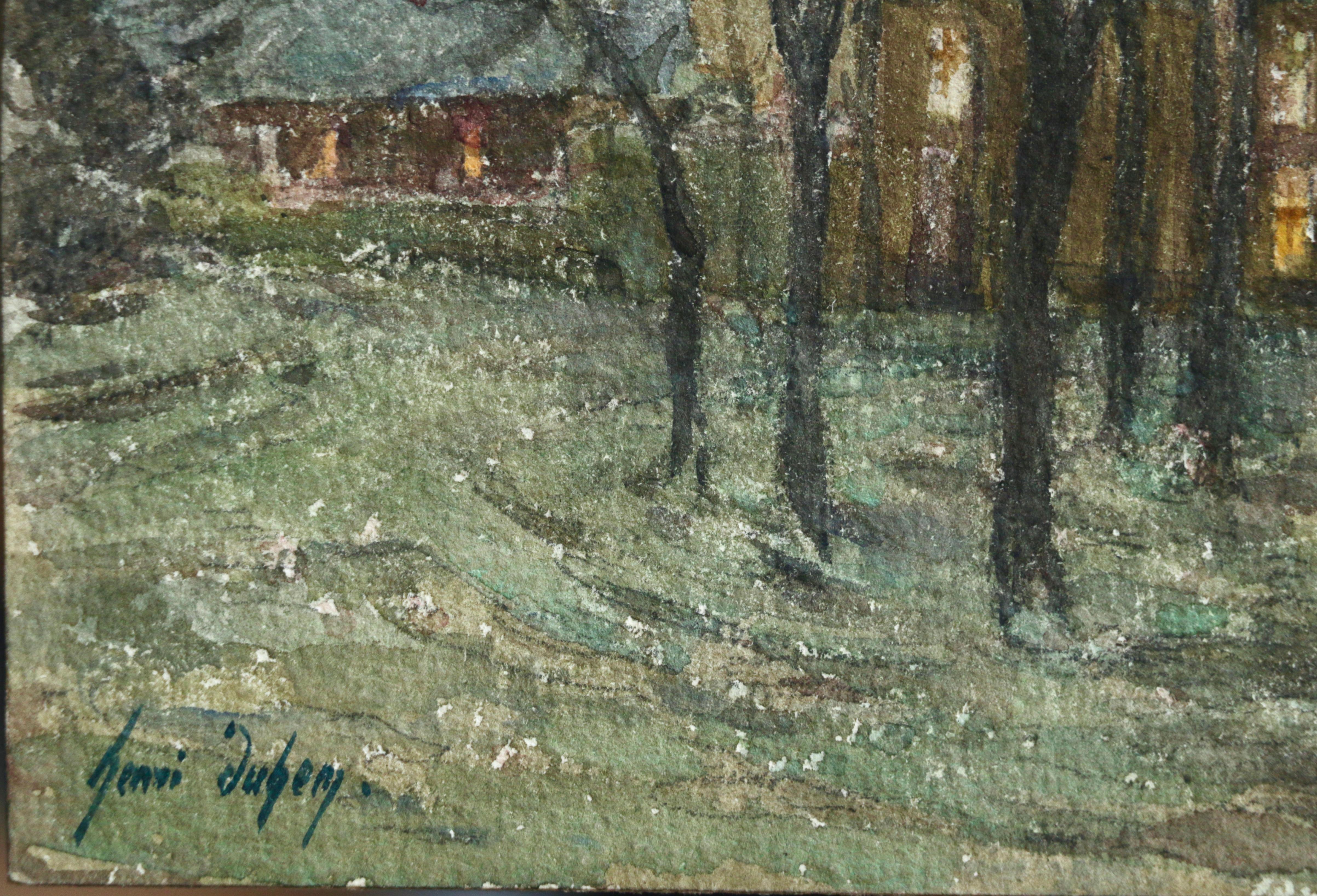 Aquarelle du XIXe siècle « Night of Snowy Night » (Nombre de neige), Douai, Village français dans la neige par H Duhem - Painting de Henri Duhem