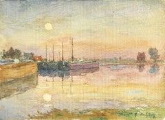 Barges at Sunset - 19th Century Watercolor, Boats on River in Landscape by Duhem