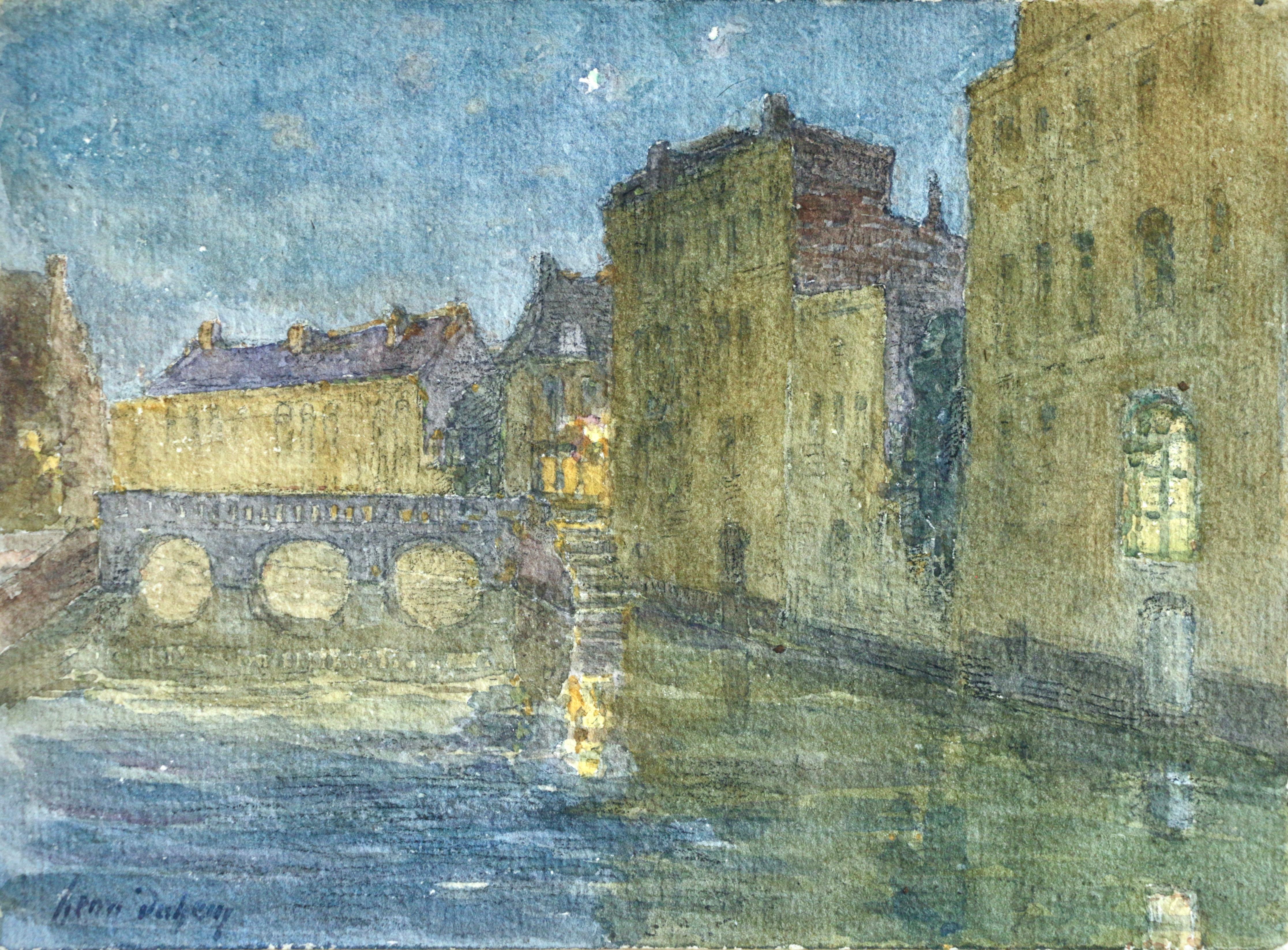 Henri Duhem Landscape Painting - Canal at Night - 19th Century Watercolor, Bridge over Water Landscape by H Duhem