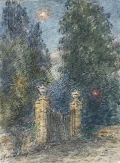 Étoile sur la Porte - 19th Century Watercolor, Star in Night Landscape by Duhem