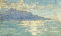 Sailing-Mont Riant - 19th Century Watercolor, Boat in Lake by Mountain by Duhem