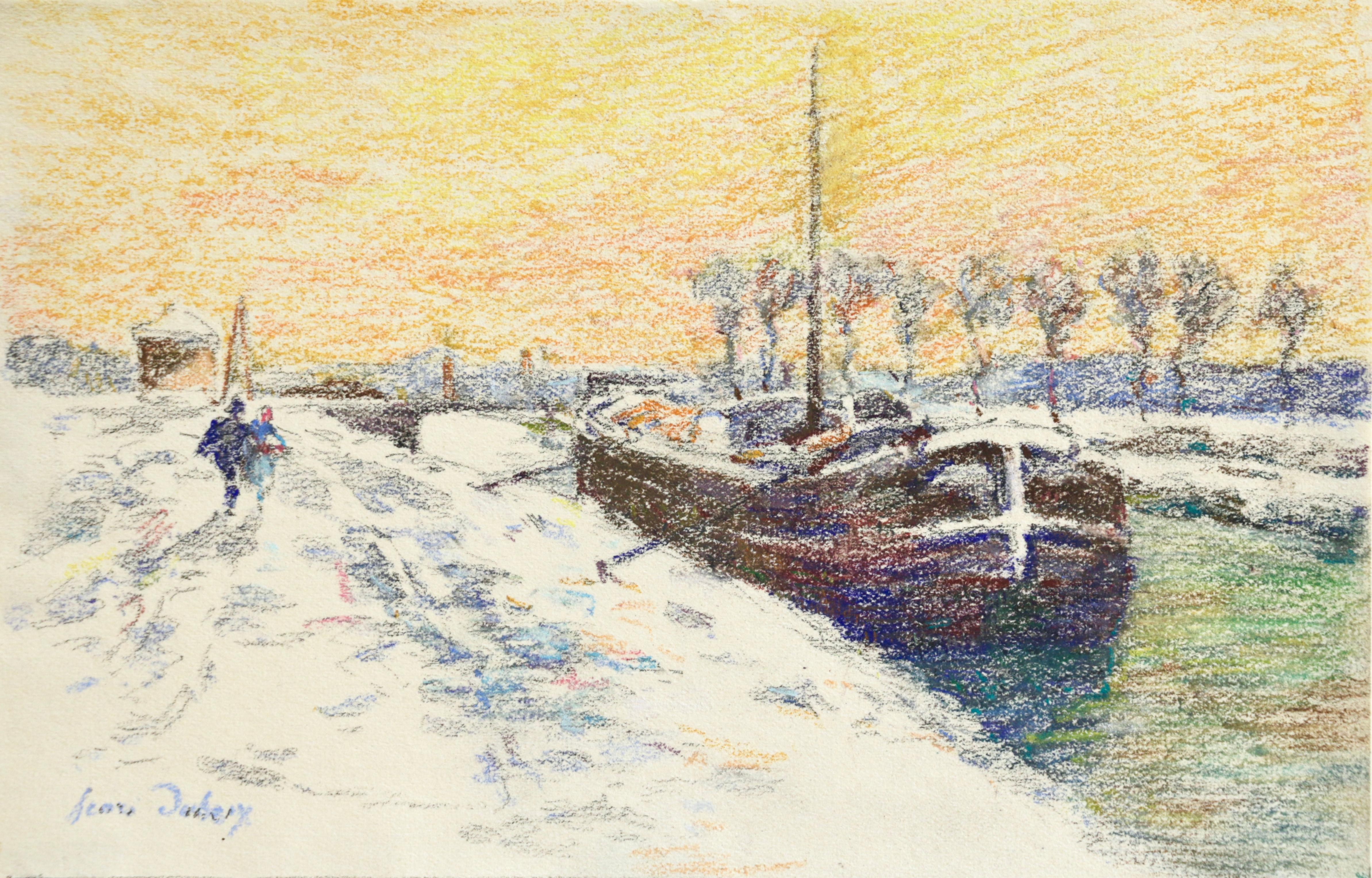 Henri Duhem Landscape Art - Canal at Douai-Winter - 19th Century Watercolor, Boat in Snow Landscape by Duhem