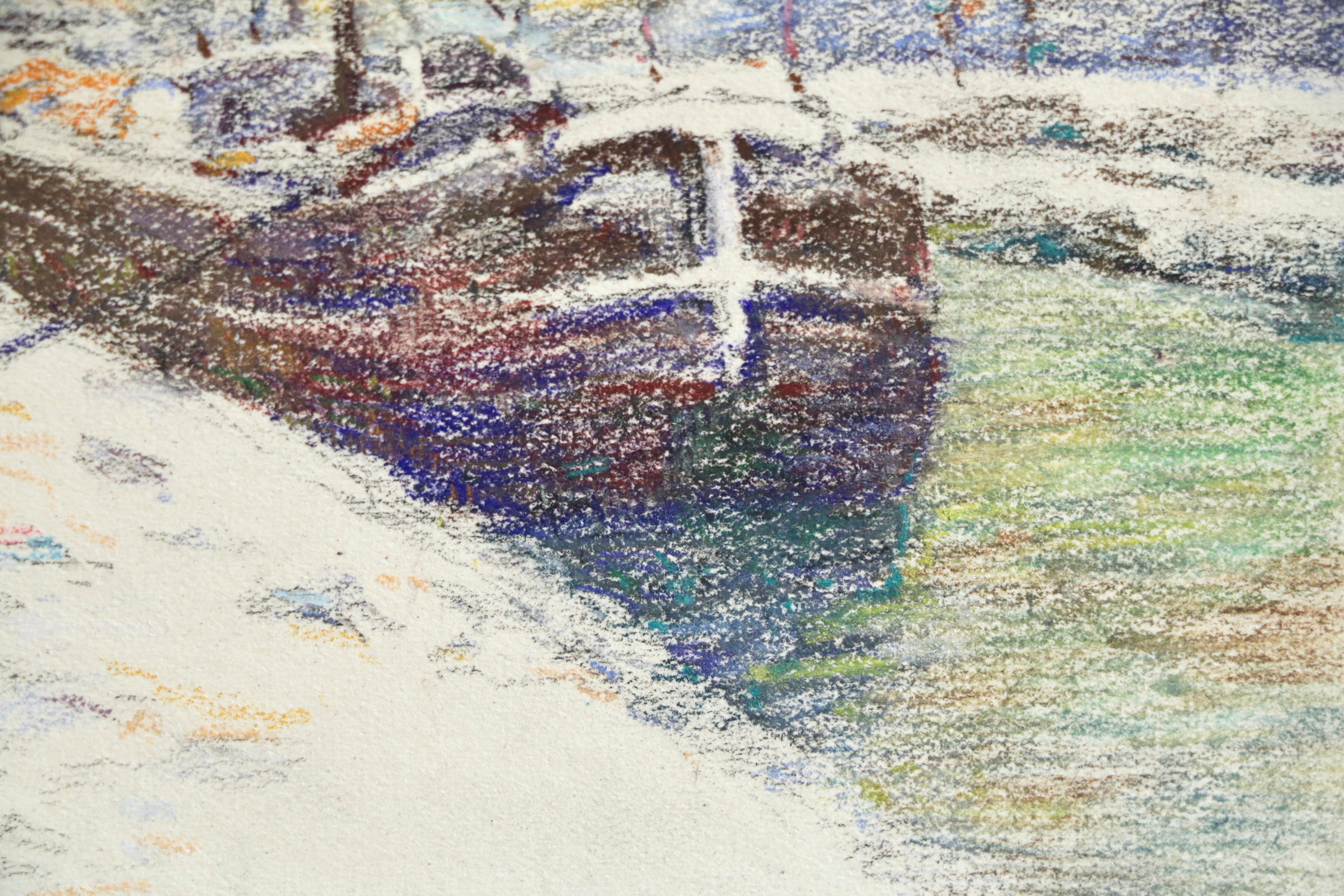 Canal at Douai-Winter – 19. Jahrhundert, Aquarell, Boot in Schneelandschaft von Duhem (Beige), Landscape Art, von Henri Duhem