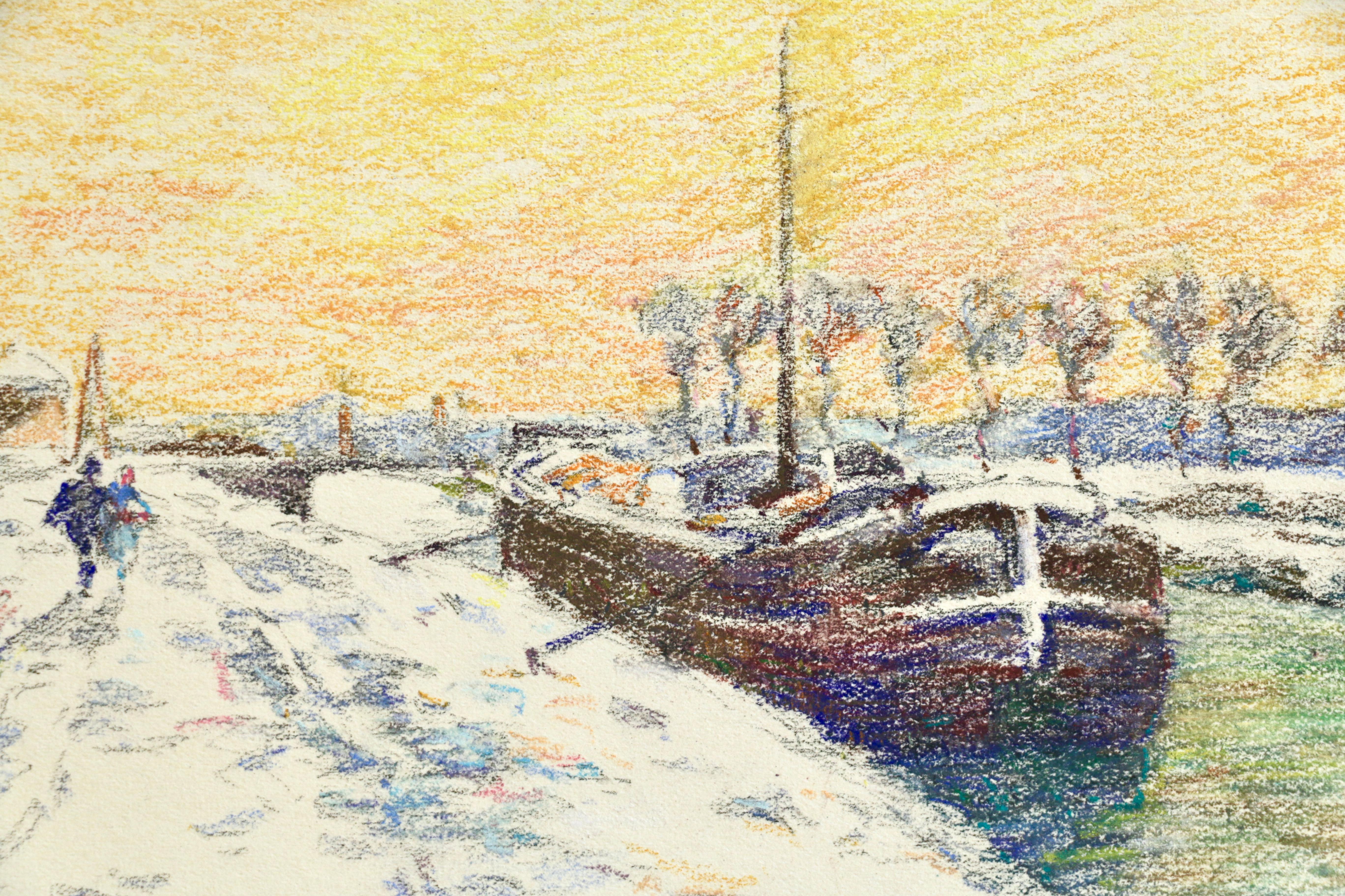 Canal at Douai-Winter – 19. Jahrhundert, Aquarell, Boot in Schneelandschaft von Duhem im Angebot 1