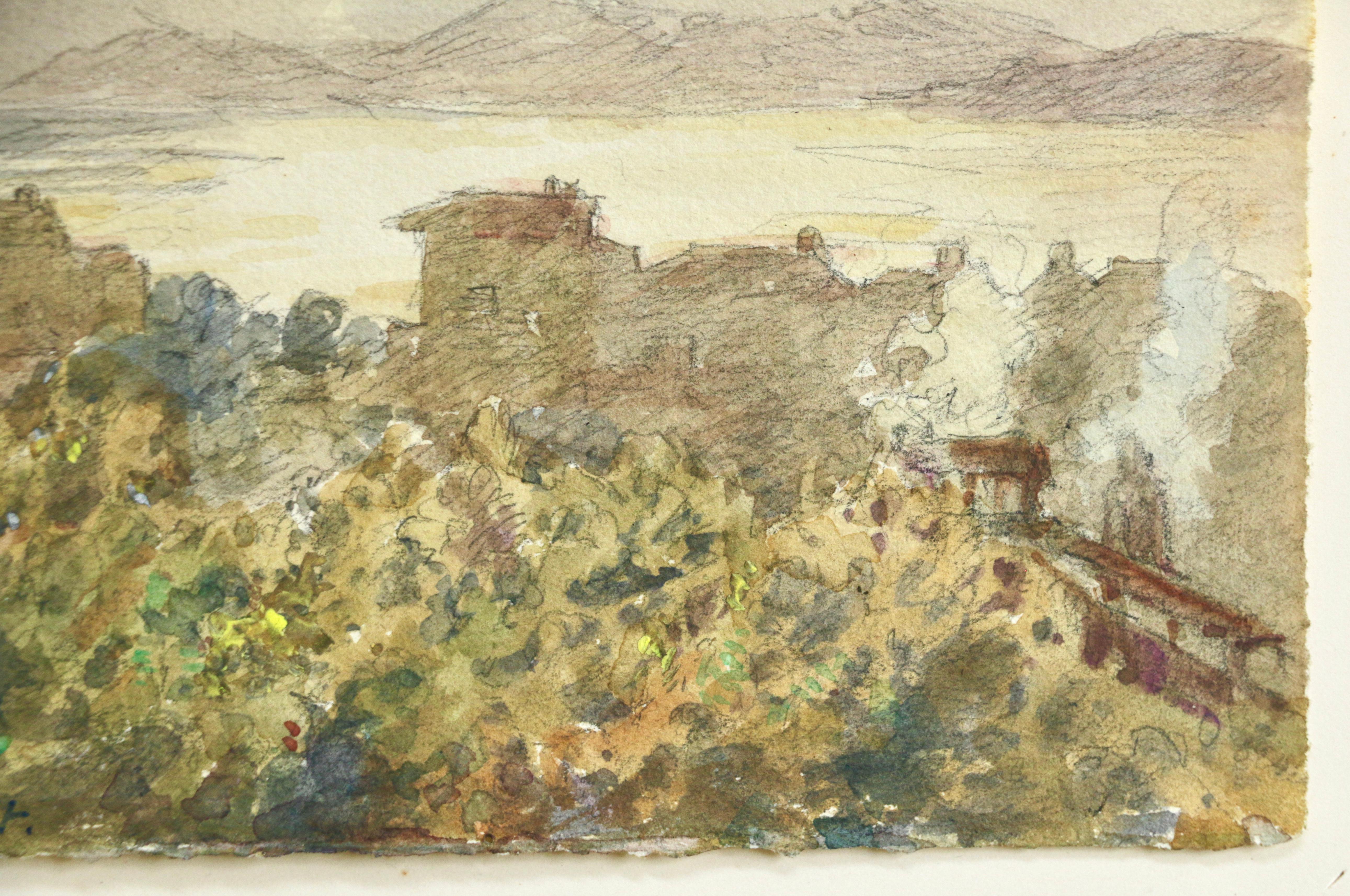 Juan les Pins - 19th Century Watercolor, Lake & Mountain Landscape by H Duhem - Impressionist Art by Henri Duhem