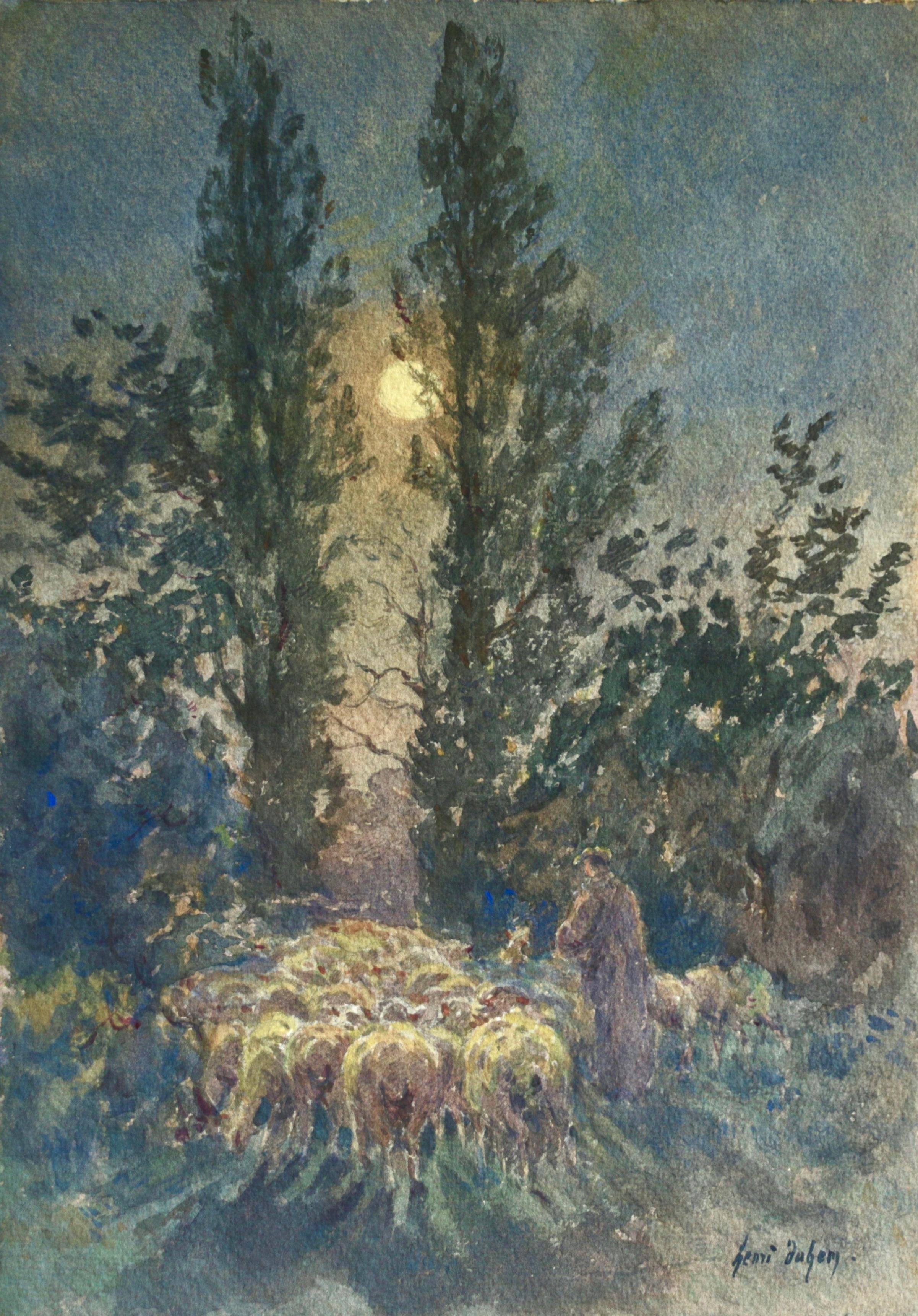 Henri Duhem Landscape Art - Flock by Moonlight- 19th Century Watercolor, Sheep at Night Landscape by Duhem
