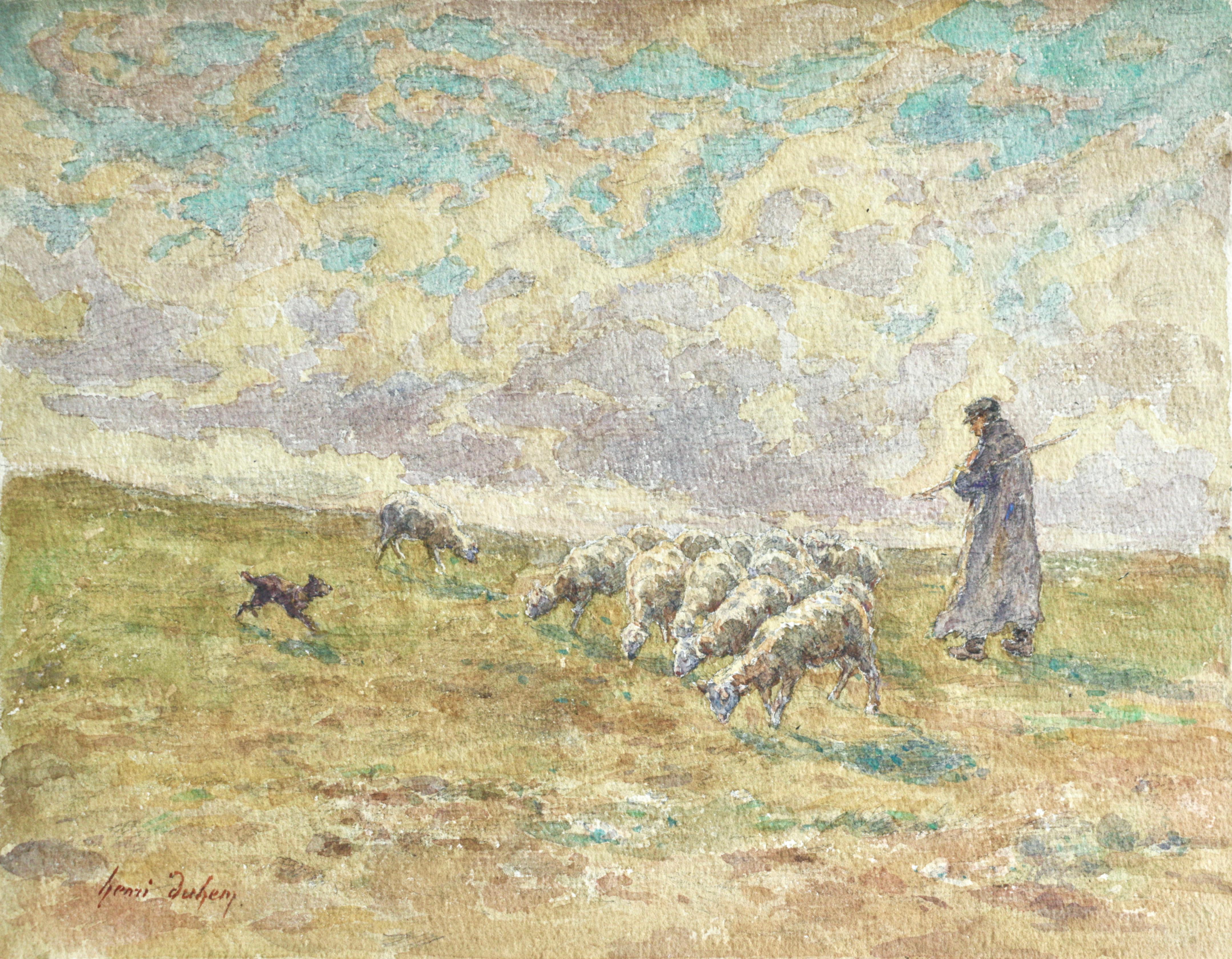 Henri Duhem Landscape Art - Sheep Droving - 19th Century Watercolor, Shepherd & Flock in Landscape by Duhem