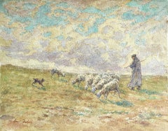 Sheep Droving - 19th Century Watercolor, Shepherd & Flock in Landscape by Duhem