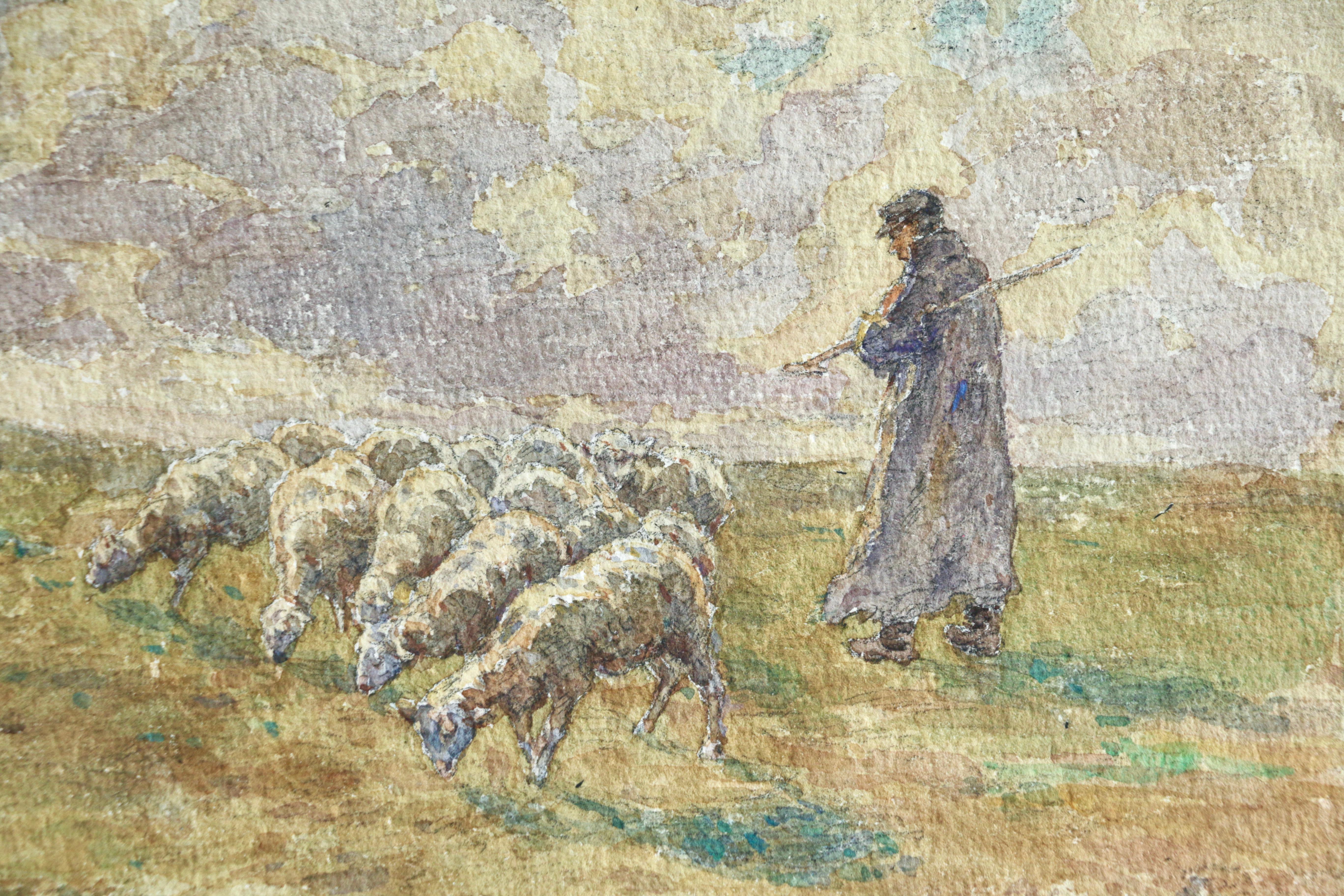 Sheep Droving - 19th Century Watercolor, Shepherd & Flock in Landscape by Duhem - Impressionist Art by Henri Duhem