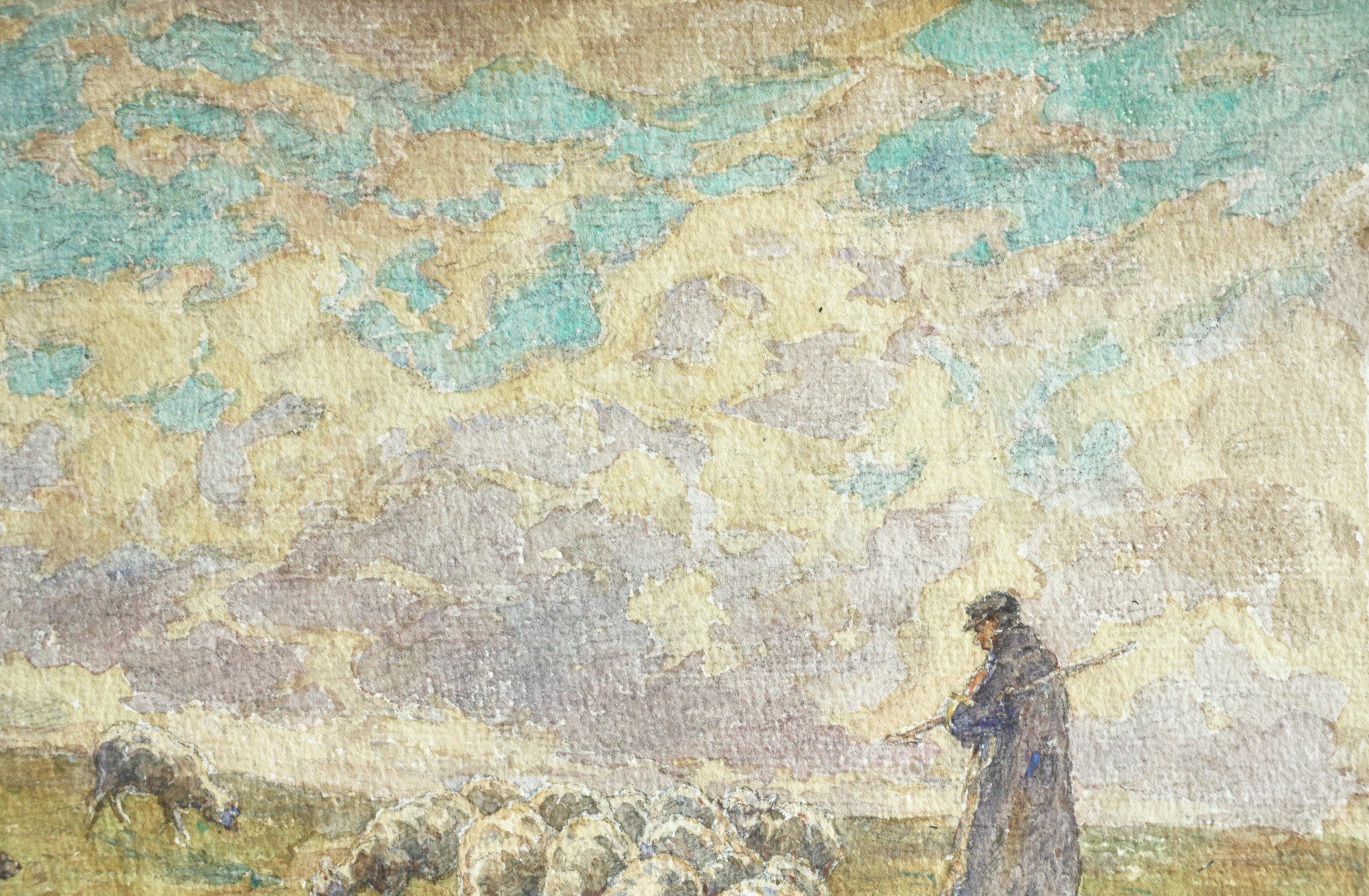 Sheep Droving - 19th Century Watercolor, Shepherd & Flock in Landscape by Duhem - Beige Landscape Art by Henri Duhem