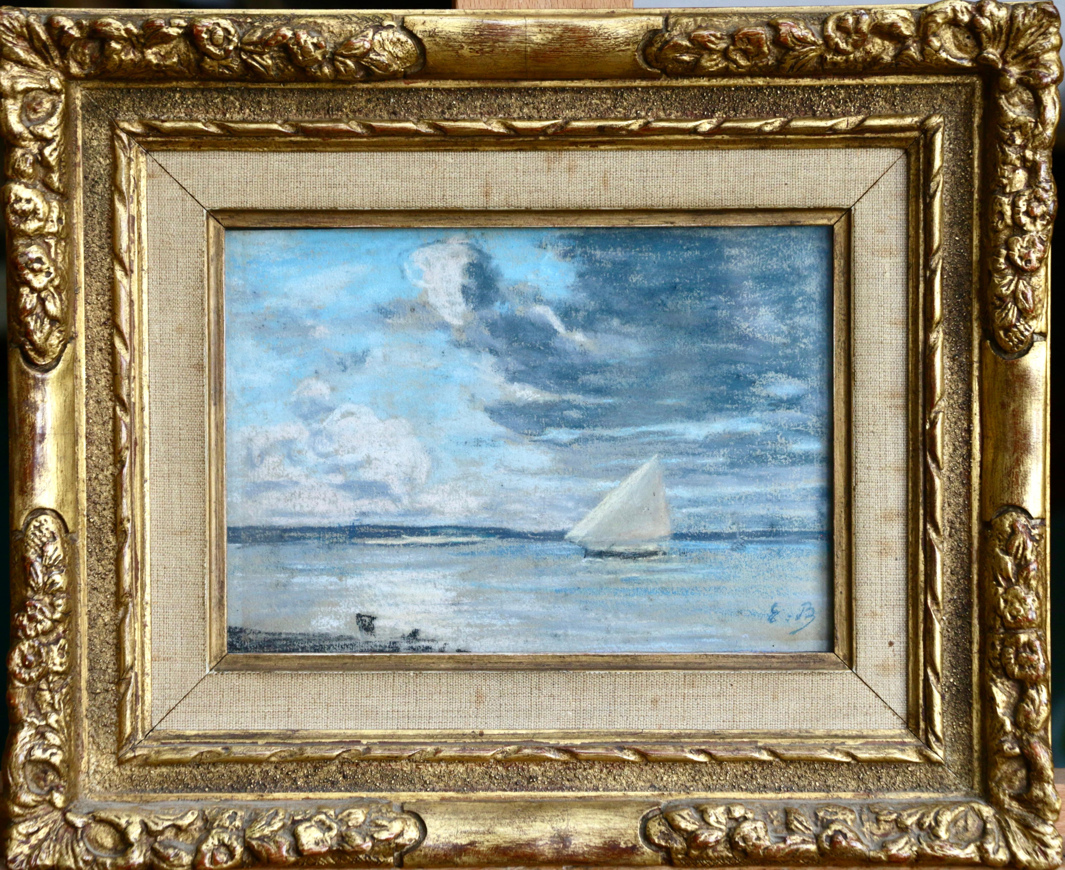 Boat off the Coast - 19th Century Marine Pastel, Boat at Sea by Eugene Boudin - Painting by Eugène Louis Boudin