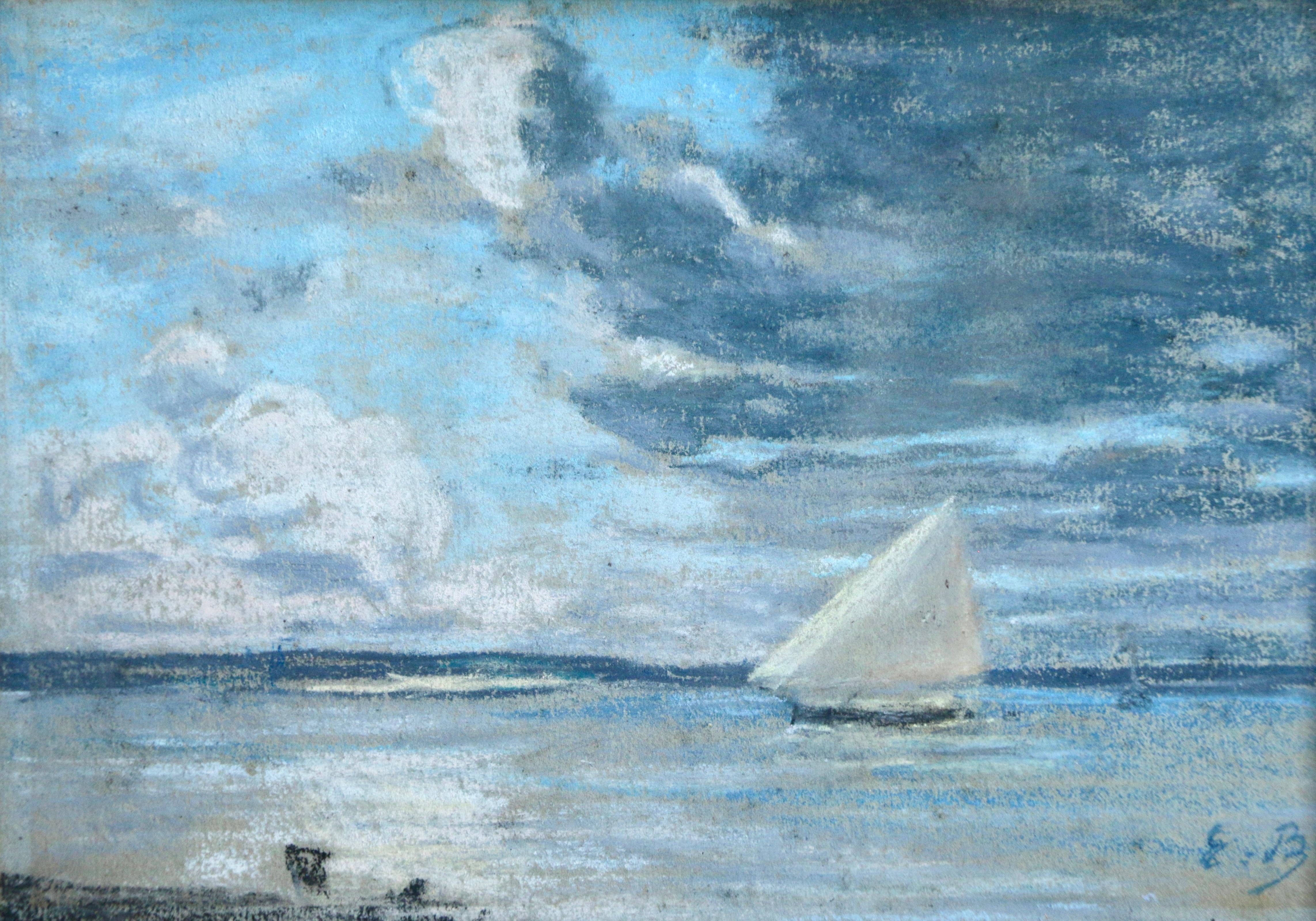 Eugène Louis Boudin Landscape Painting - Boat off the Coast - 19th Century Marine Pastel, Boat at Sea by Eugene Boudin
