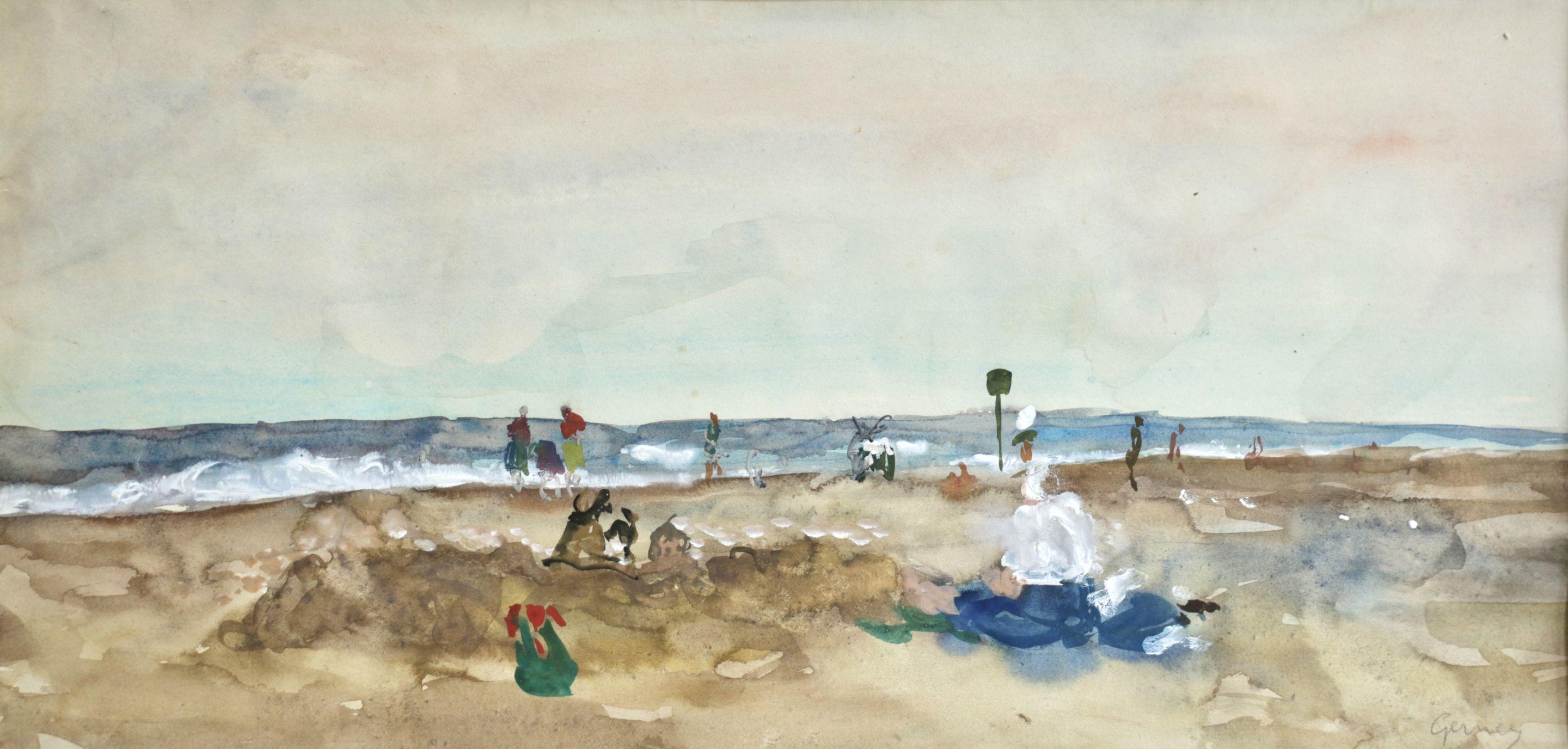 Paul-Élie Gernez Figurative Art - Elegantes sur la Plage - 20th Century Watercolor, Figures in Seascape by Gernez