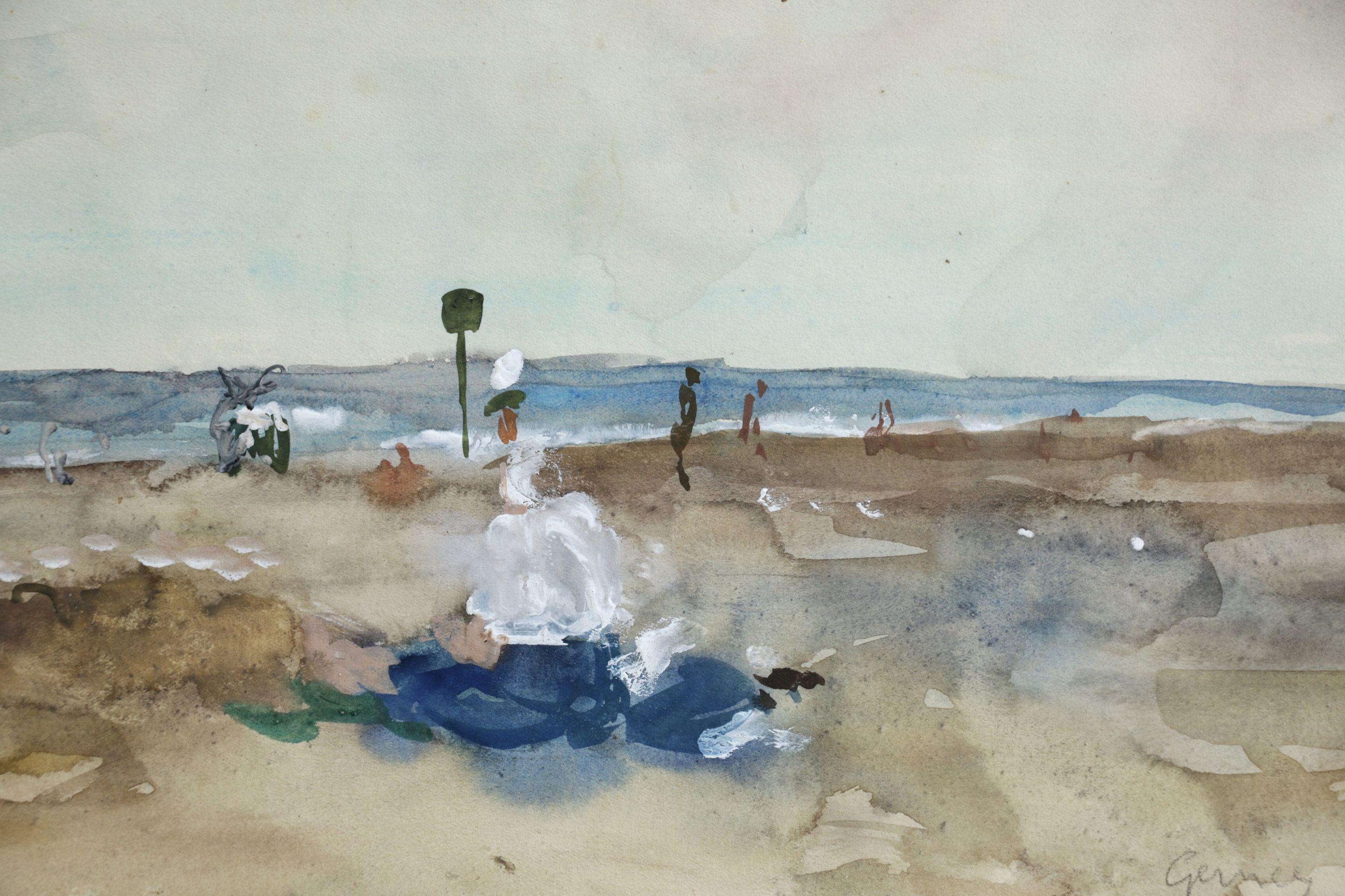 Elegantes sur la Plage - 20th Century Watercolor, Figures in Seascape by Gernez - Art by Paul-Élie Gernez
