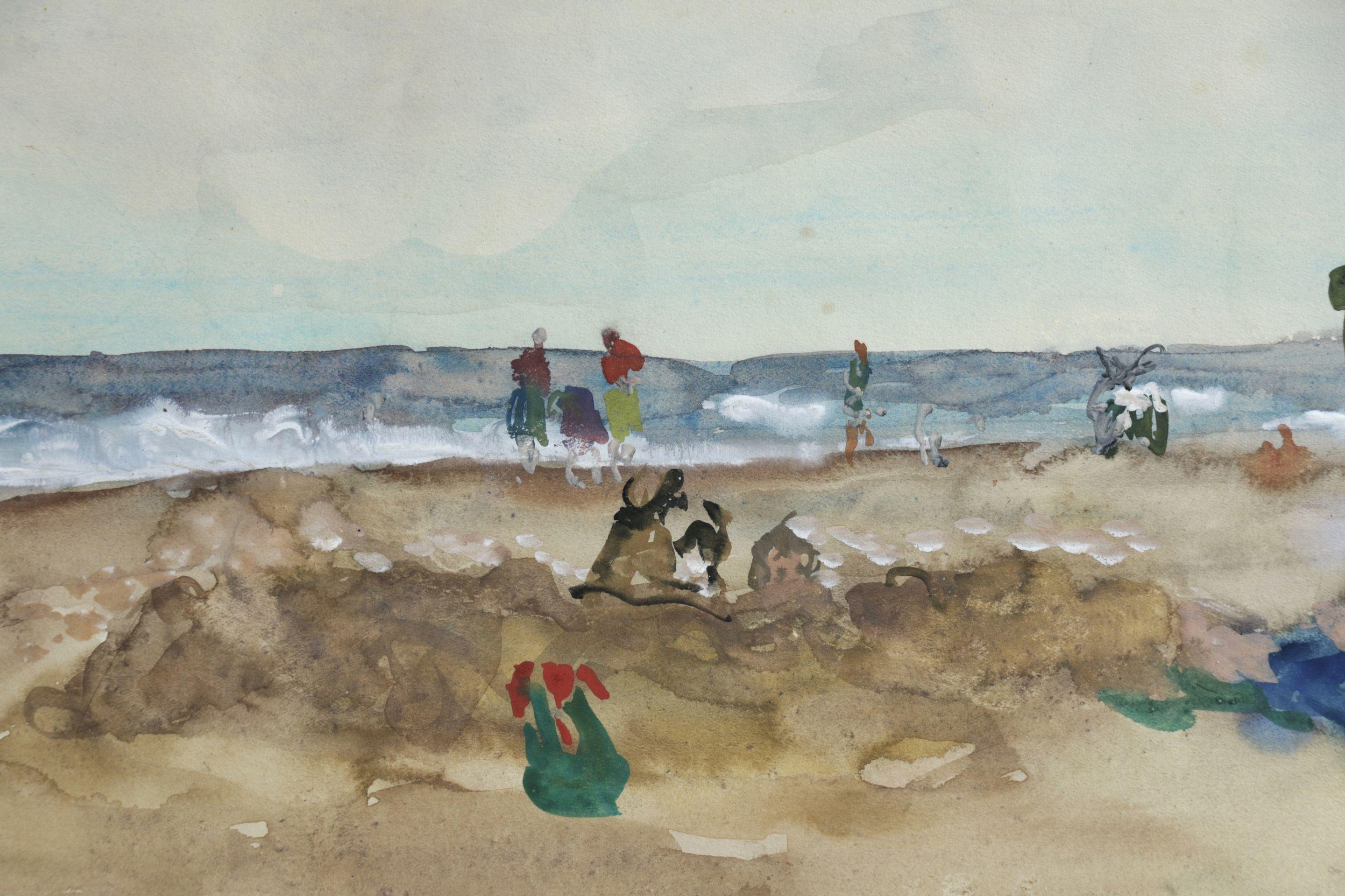Elegantes sur la Plage - 20th Century Watercolor, Figures in Seascape by Gernez - Post-Impressionist Art by Paul-Élie Gernez