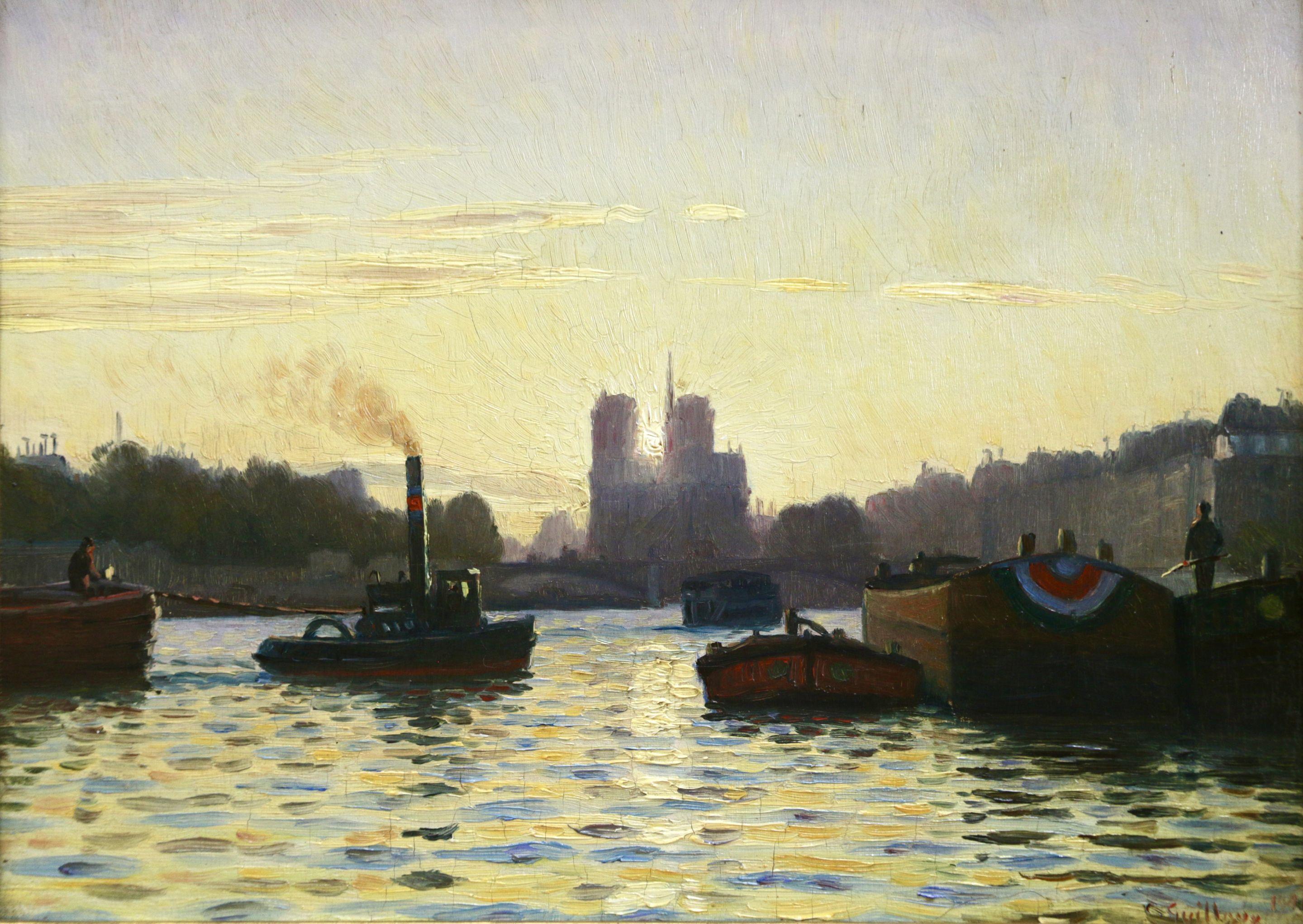 Charles-Victor Guilloux Landscape Painting - Sunrise - Notre Dame de Paris - 19th Century Oil,  Boats on River by C Guilloux