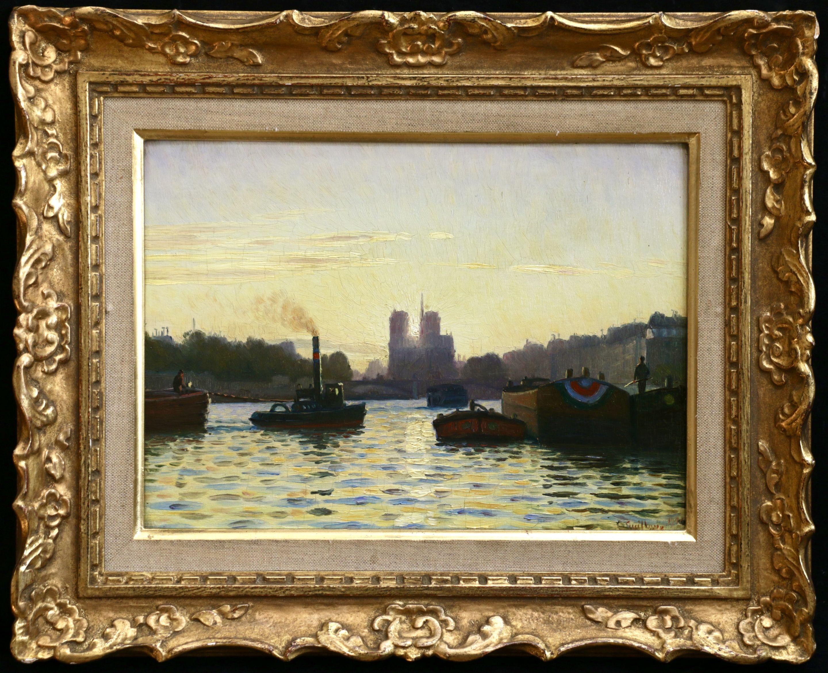 Sunrise - Notre Dame de Paris - 19th Century Oil,  Boats on River by C Guilloux - Painting by Charles-Victor Guilloux