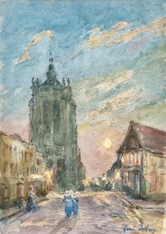 L'Église - 19th Century Watercolor, Figures in Street by Church by Henri Duhem