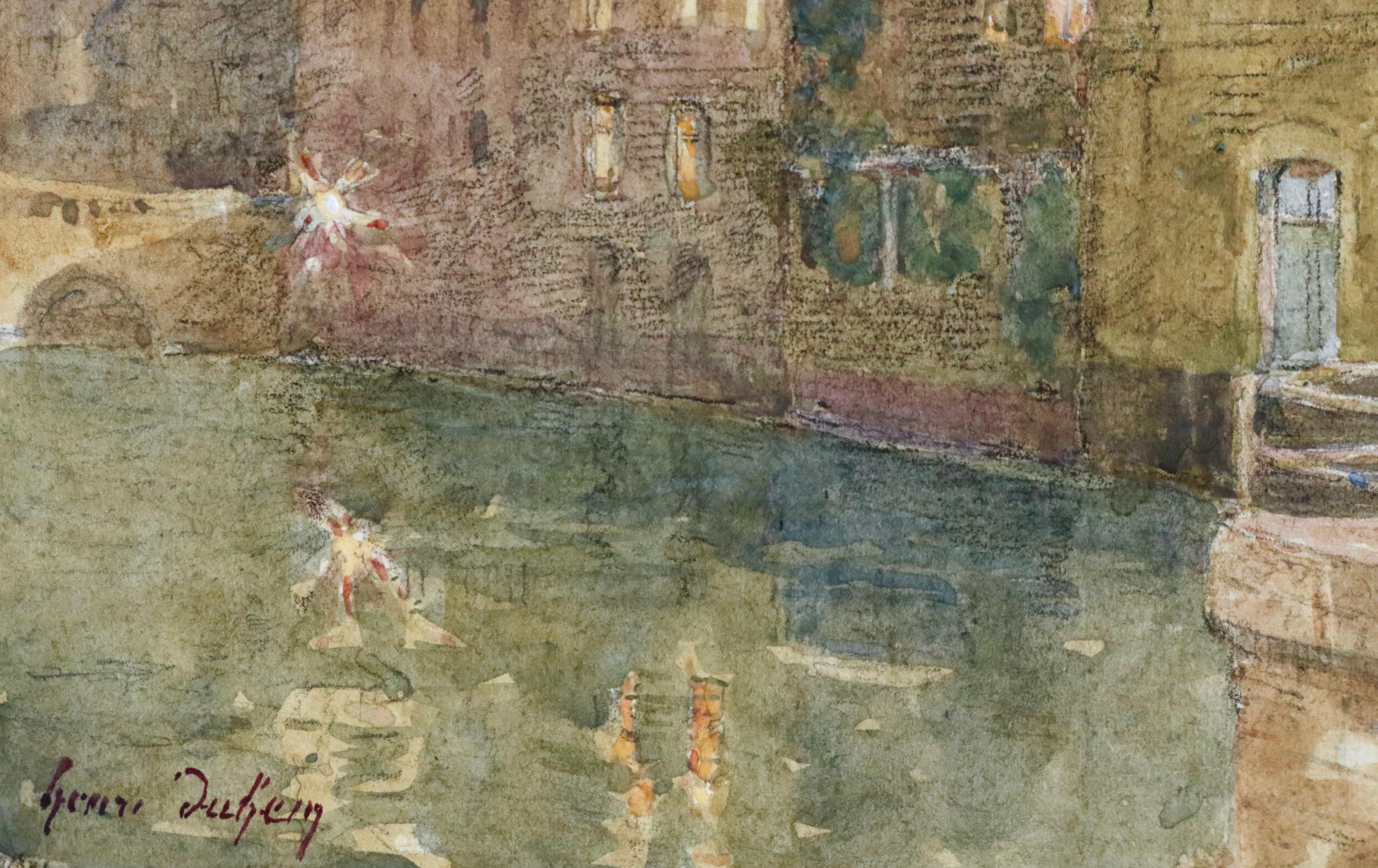 Canal - Abend - 19. Jahrhundert Aquarell, Elegante Figuren von Wasser von H Duhem (Impressionismus), Art, von Henri Duhem