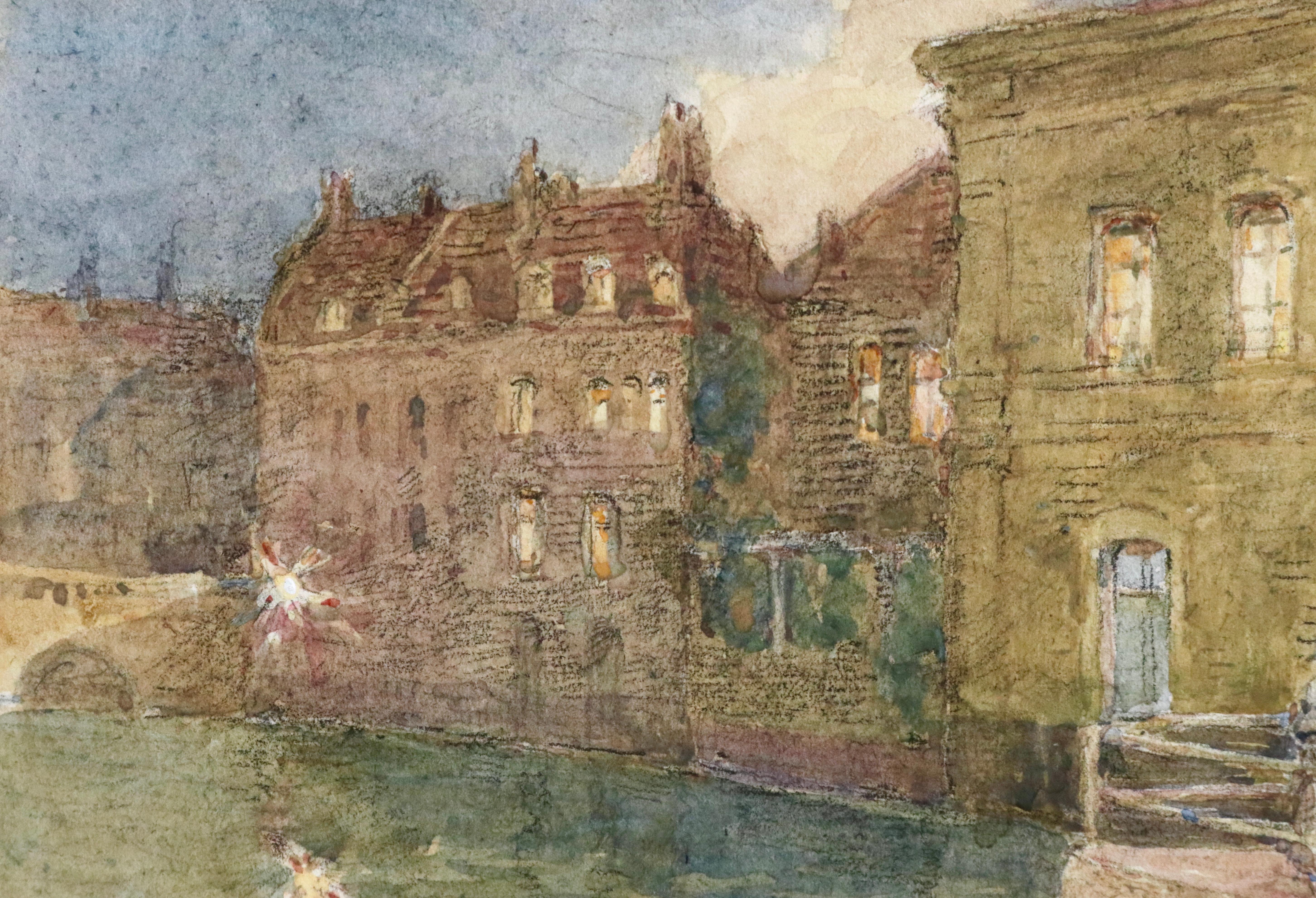 Canal - Abend - 19. Jahrhundert Aquarell, Elegante Figuren von Wasser von H Duhem (Braun), Landscape Art, von Henri Duhem