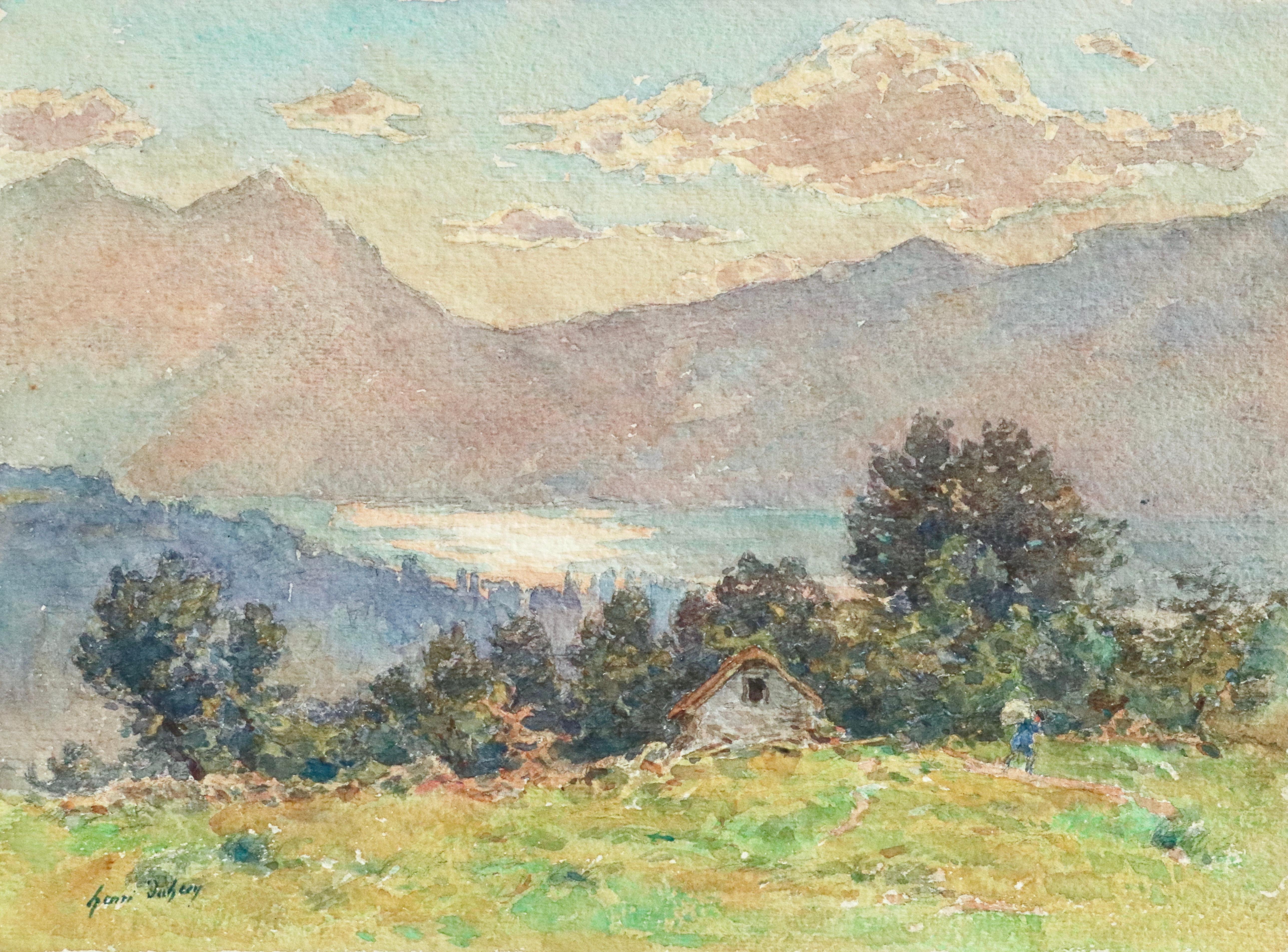 Watercolour on paper circa 1925 by French painter Henri Duhem, depicting a figure by a house overlooking Lac Neuchâtel in Switzerland and mountains beyond. Signed lower left. This painting is not currently framed but a suitable frame can be sourced