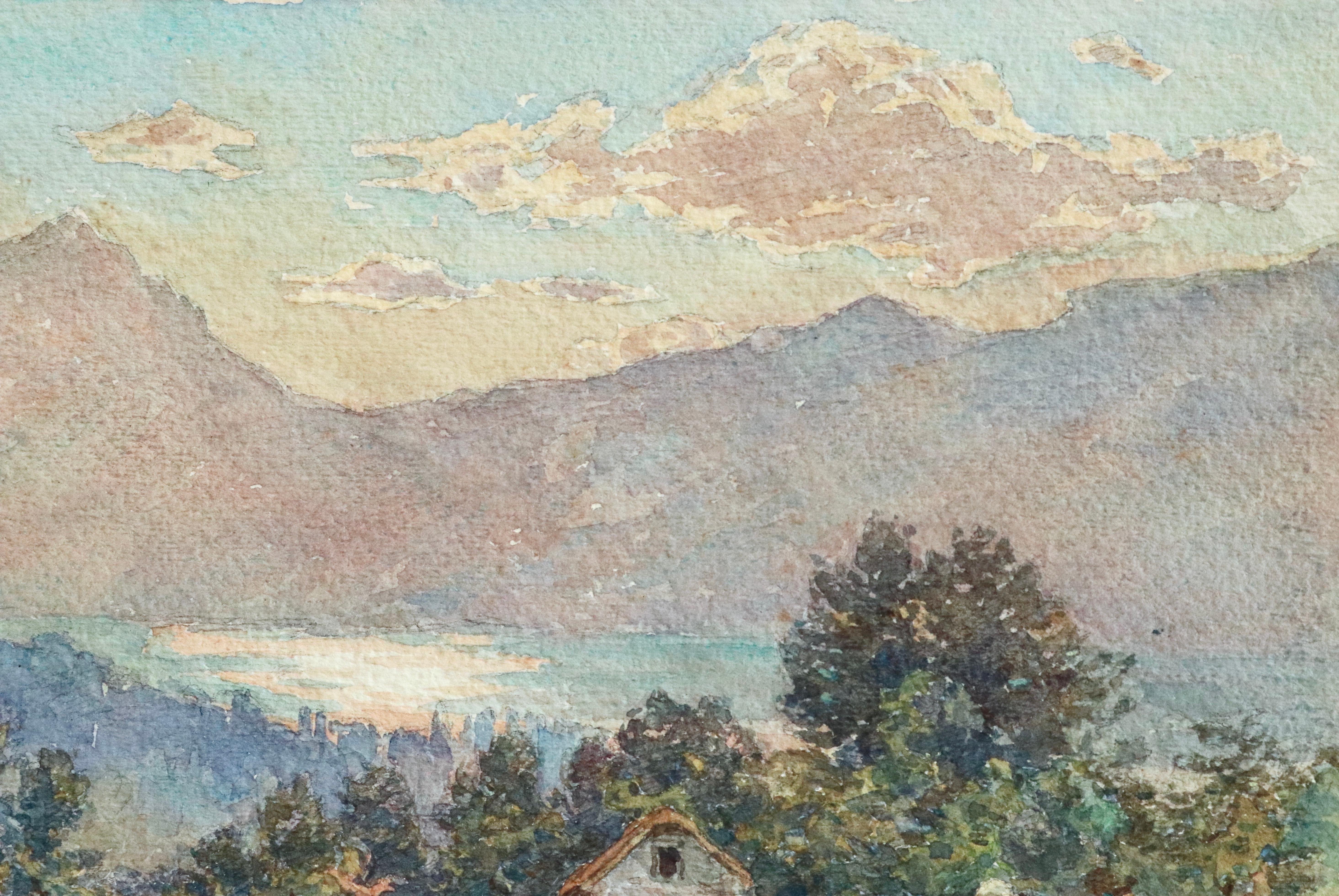 Lac Neuchâtel - 19th Century Watecolor, Lake & Mountain Landscape by Henri Duhem 1