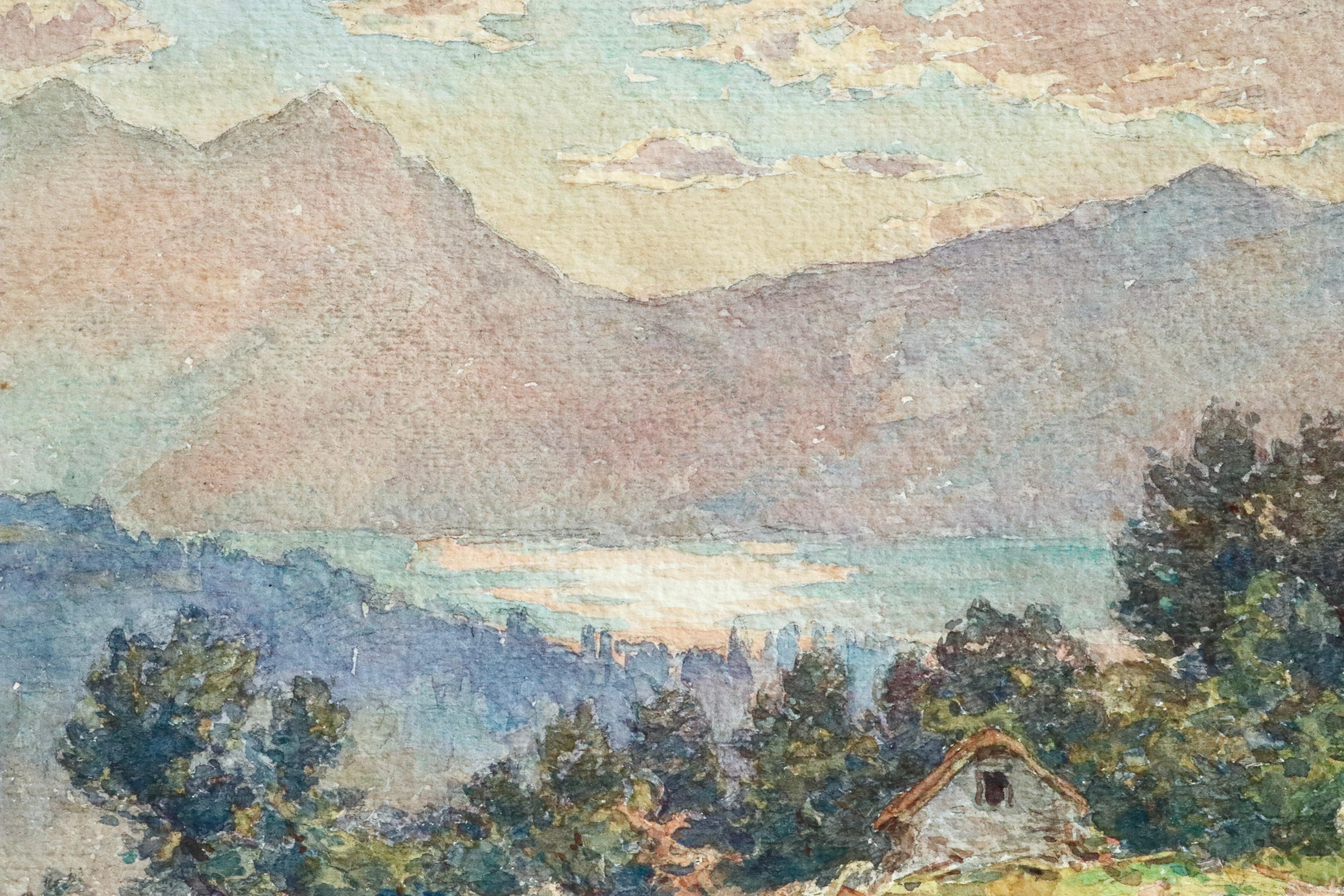 Lac Neuchâtel - 19th Century Watecolor, Lake & Mountain Landscape by Henri Duhem 3