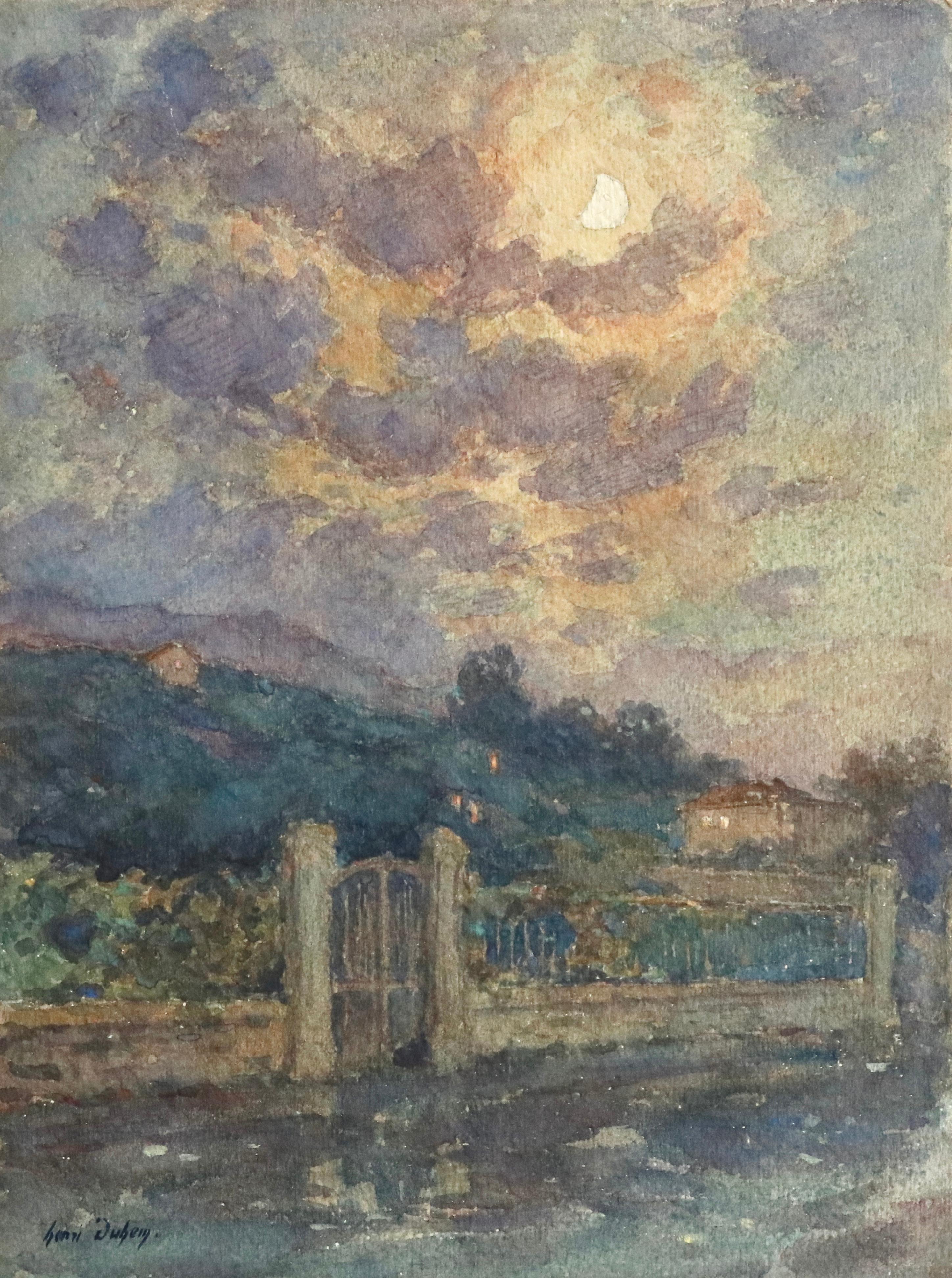 Watercolour on paper circa 1910 by French painter Henri Duhem depicting moonlight overdoses on a mountainside. Signed lower left. This painting is not currently framed but a suitable frame can be sourced if required.

Descendant of an old Flemish