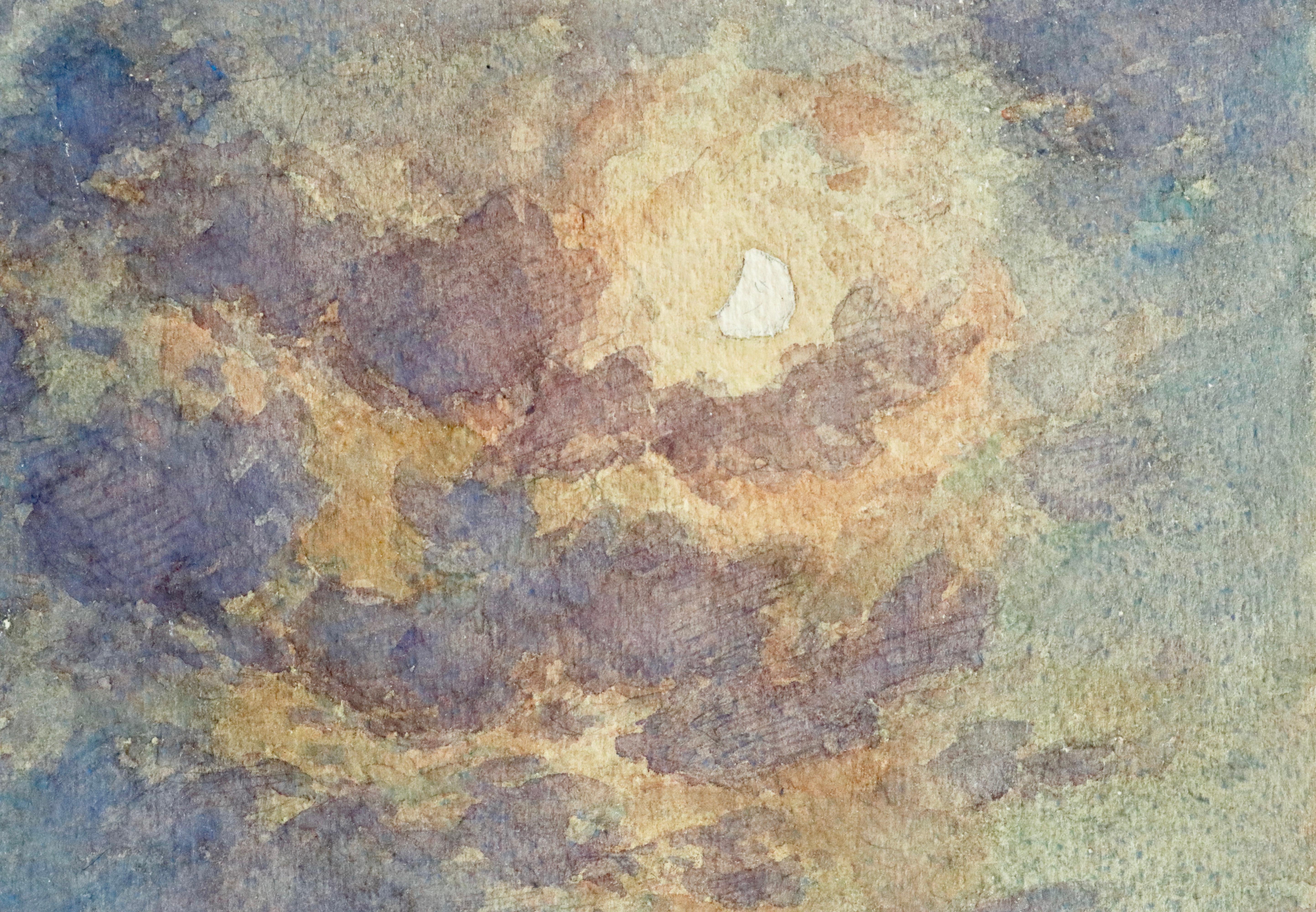 Clair de Lune - 19th Century Watercolor, Moonlight over Landscape by Henri Duhem 1
