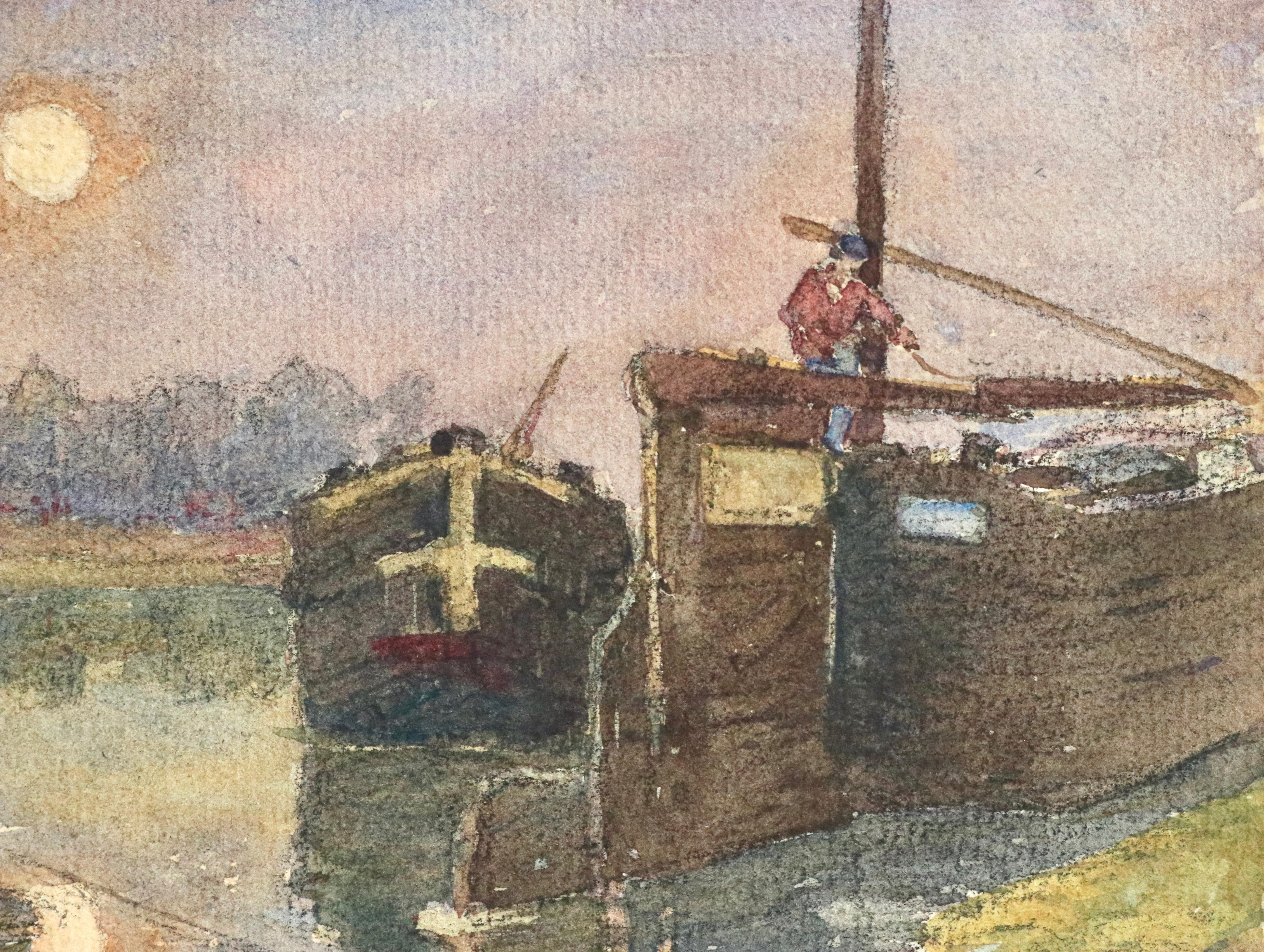 Barges on the River – Aquarell „Barges on the River“ – 19. Jahrhundert, Boote auf Flusslandschaft von Duhem – Painting von Henri Duhem