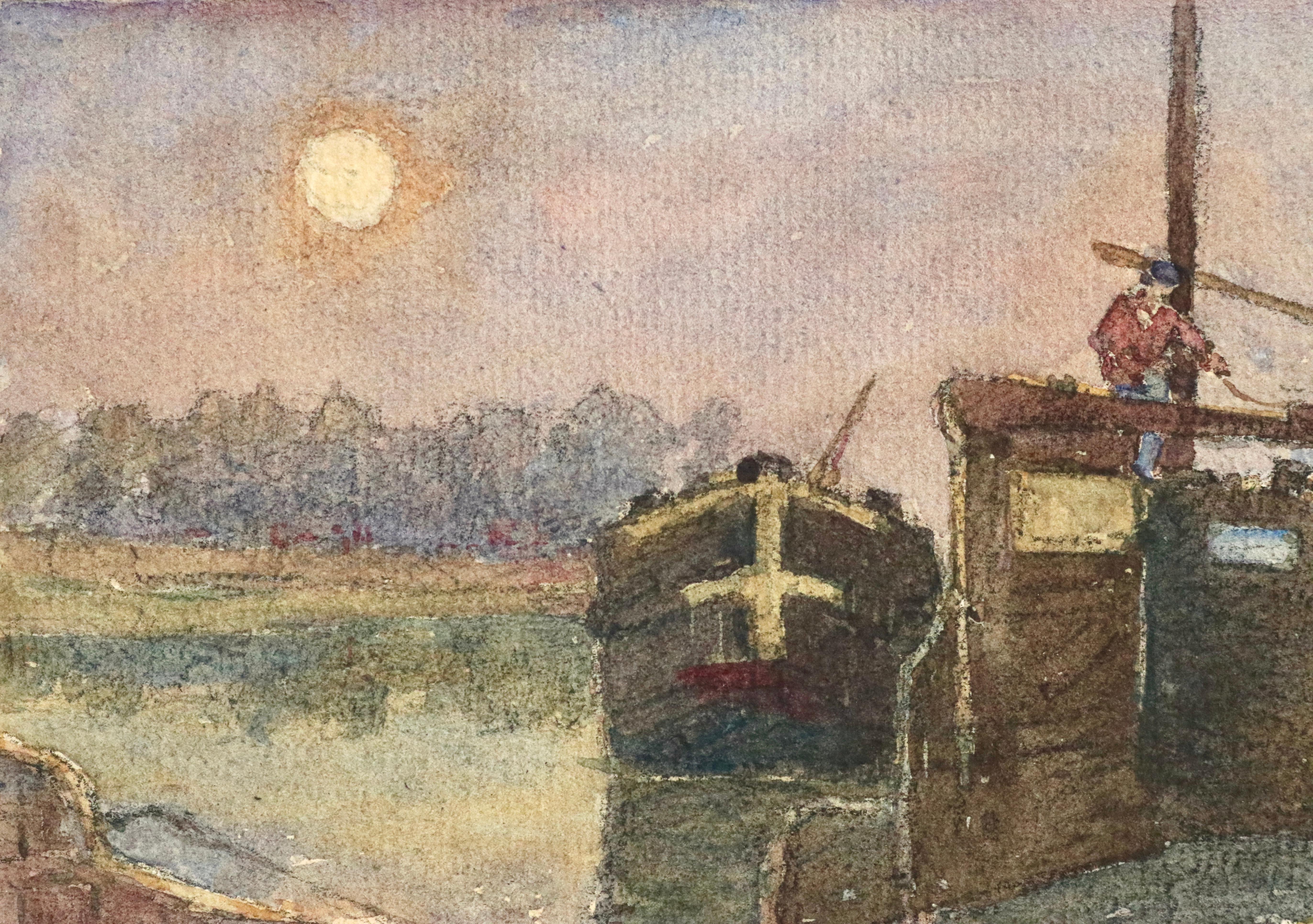 Barges on the River – Aquarell „Barges on the River“ – 19. Jahrhundert, Boote auf Flusslandschaft von Duhem (Impressionismus), Painting, von Henri Duhem