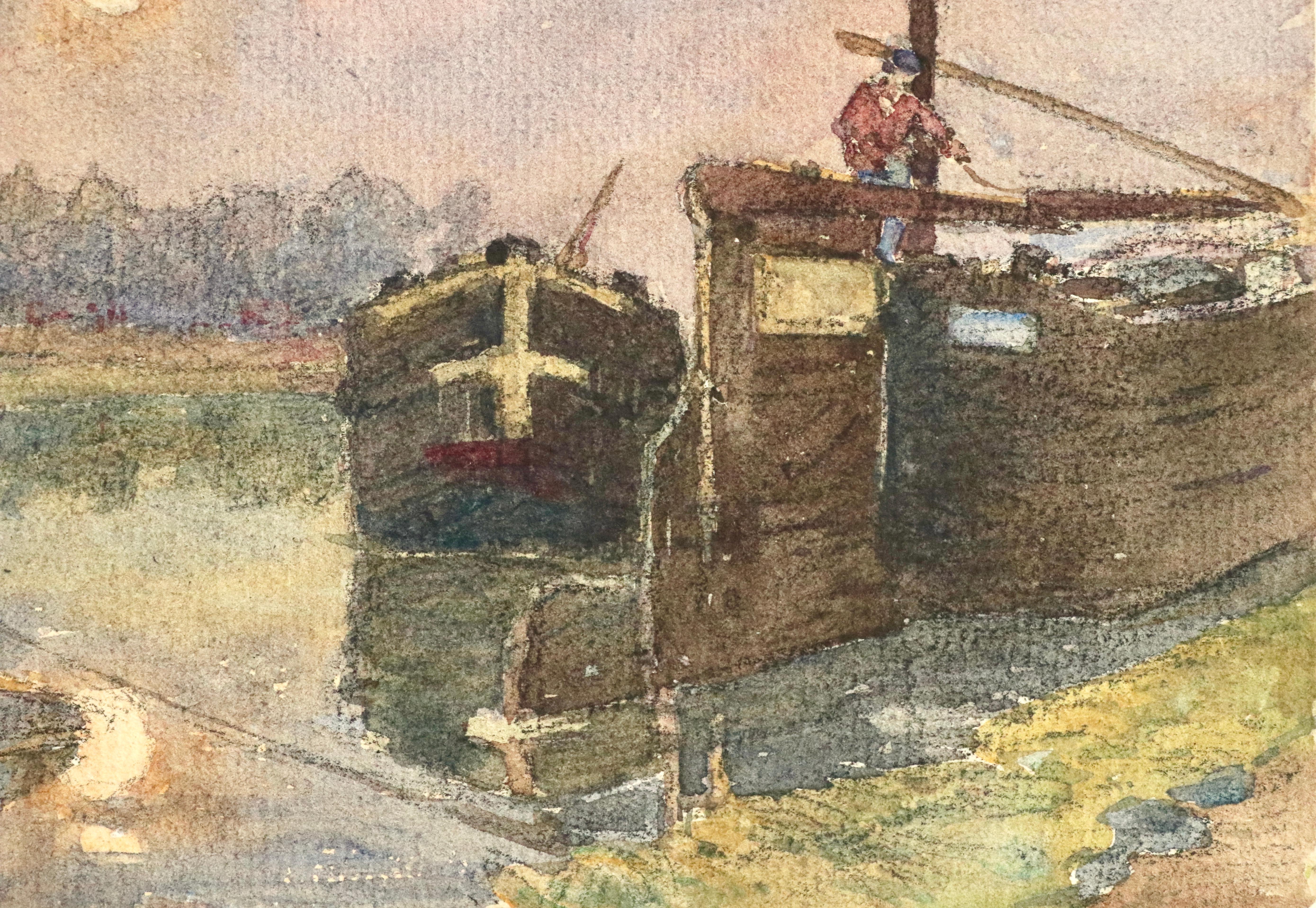 Barges on the River – Aquarell „Barges on the River“ – 19. Jahrhundert, Boote auf Flusslandschaft von Duhem (Braun), Landscape Painting, von Henri Duhem