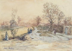 Douai Canal-Hiver - 19th Century Watercolor, Figures in Snow Landscape by Duhem