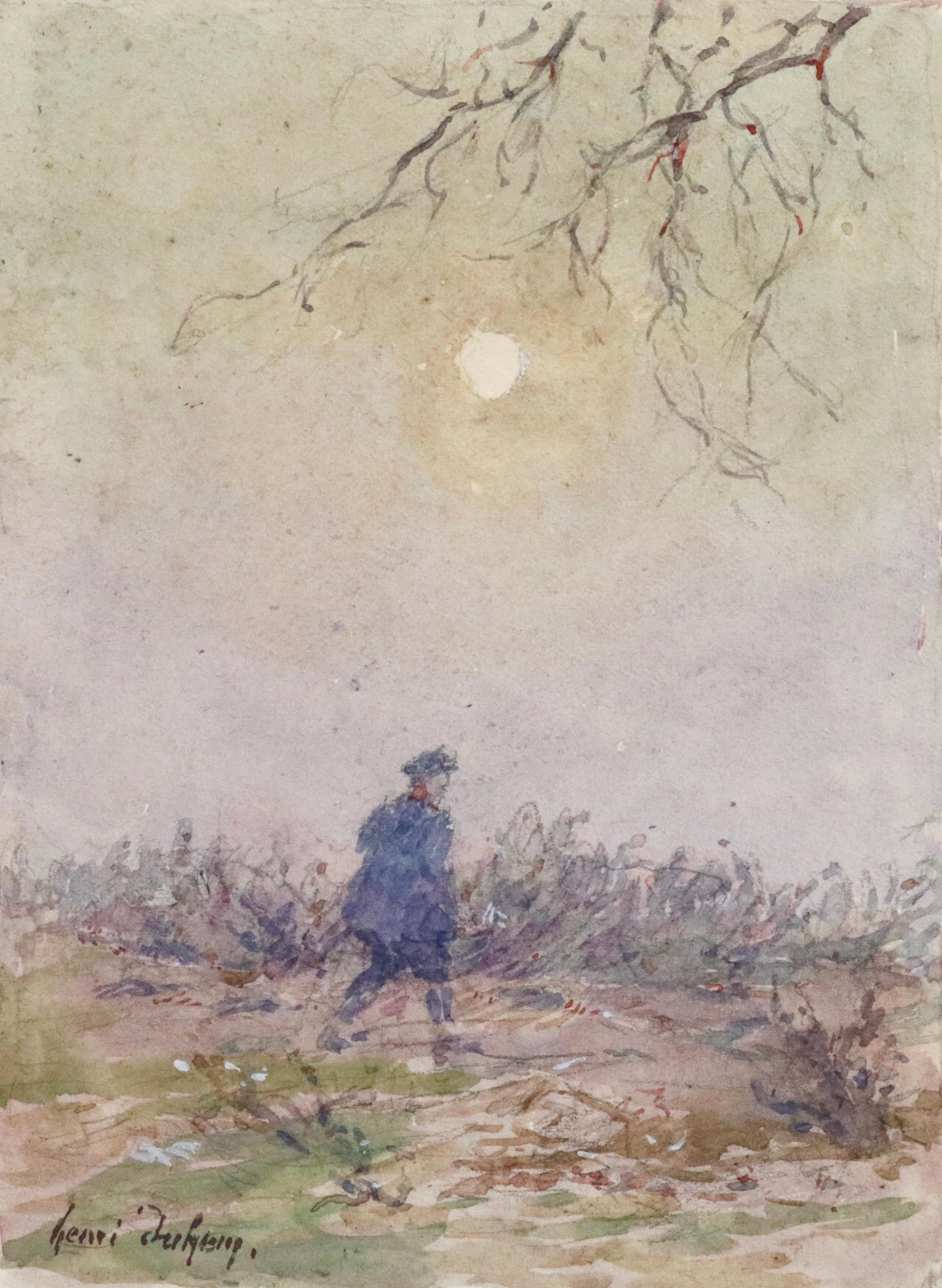 Watercolour on paper circa 1920 by Henri Duhem depicting a lone man walking through and landscape.

Descendant of an old Flemish family, Henri Duhem was born in Douai on April 7, 1860. He worked as a lawyer at the Bar of the Court of Douai from