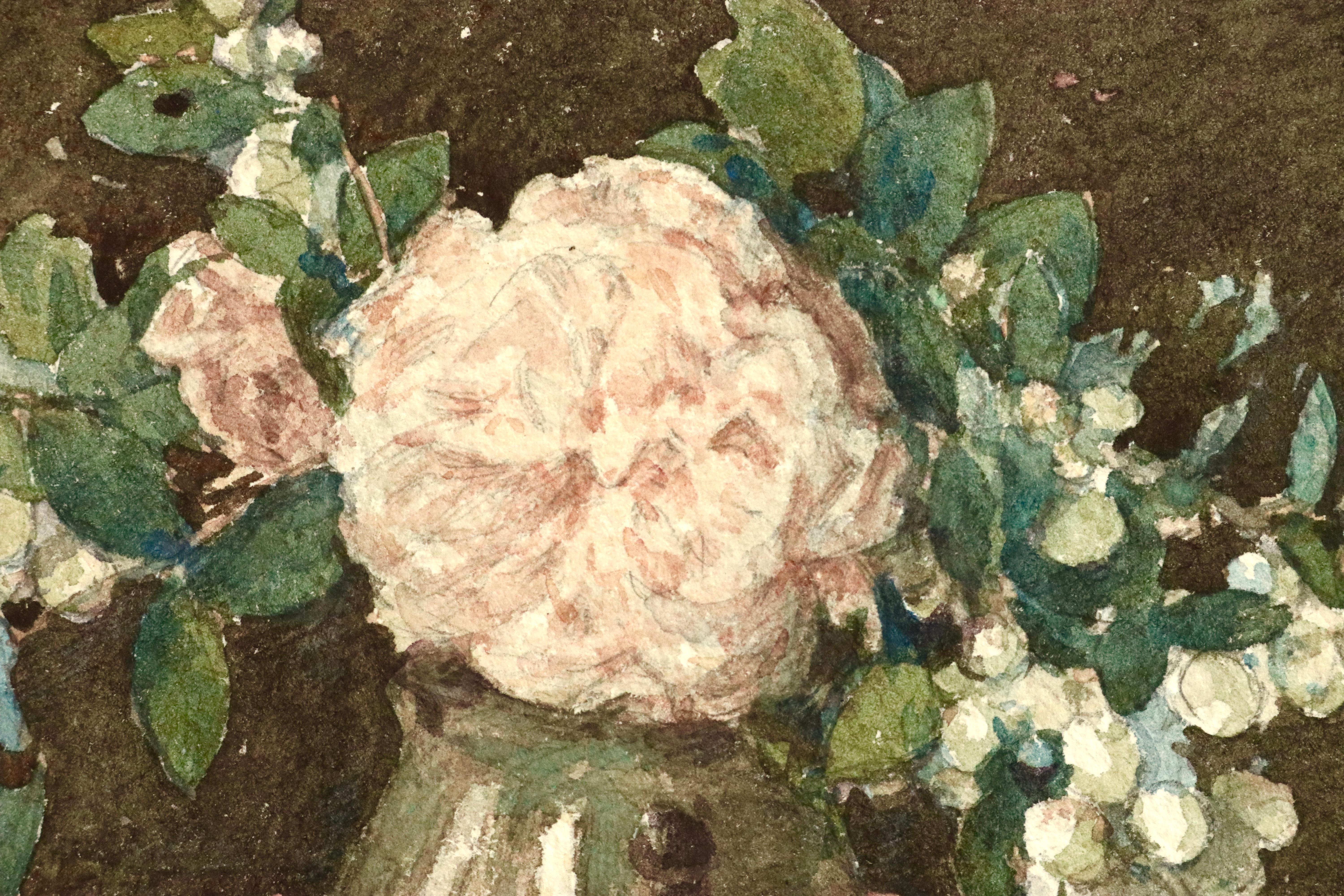 Roses & Symphorine - 19th Century Watercolor, Still Life Flowers in Vase -Duhem  - Art by Henri Duhem