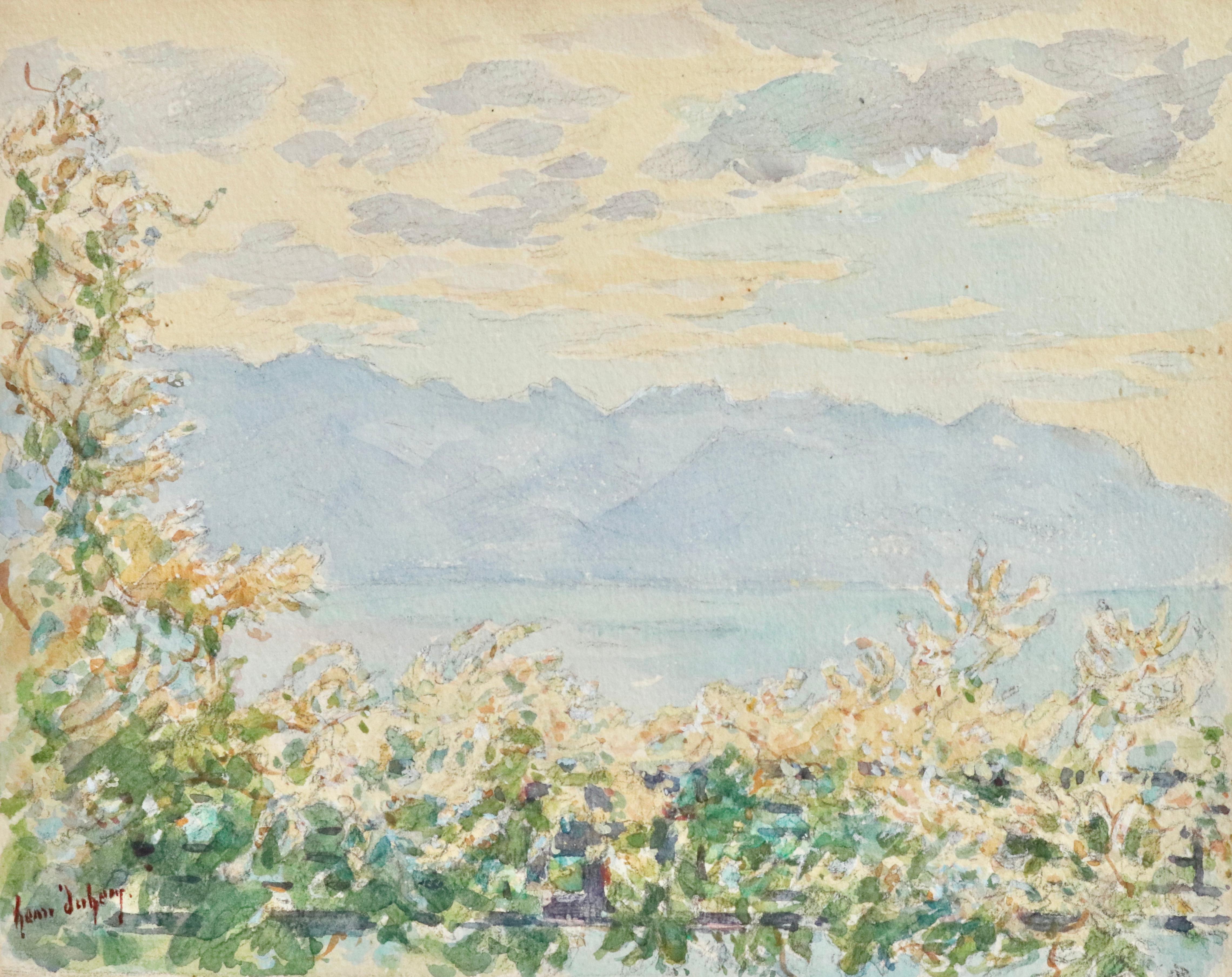 Henri Duhem Landscape Painting - La Vue - Lac Geneva - 19th Century Watercolor, Mountain & Lake Landscape H Duhem