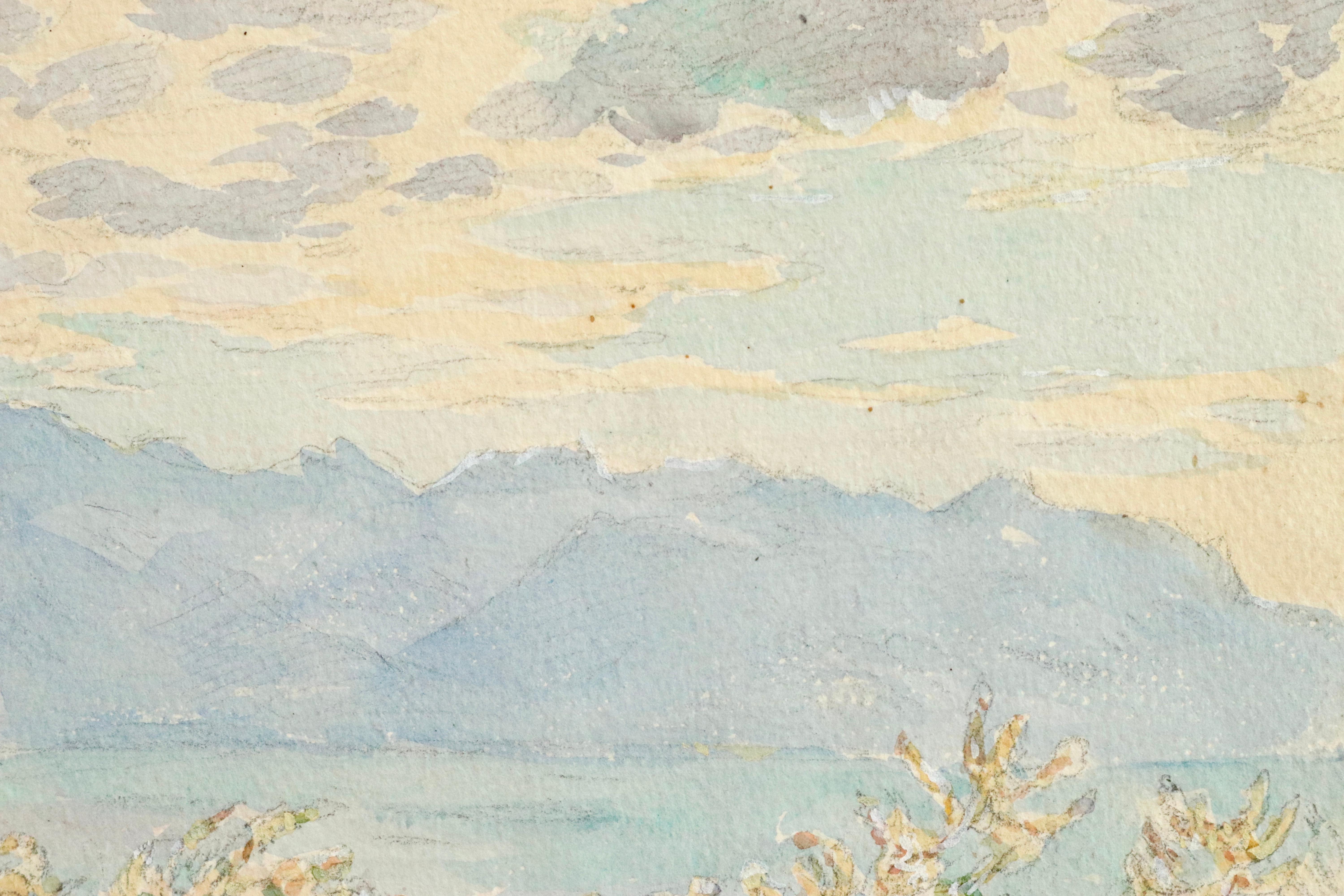 La Vue - Lac Geneva - 19th Century Watercolor, Mountain & Lake Landscape H Duhem - Painting by Henri Duhem