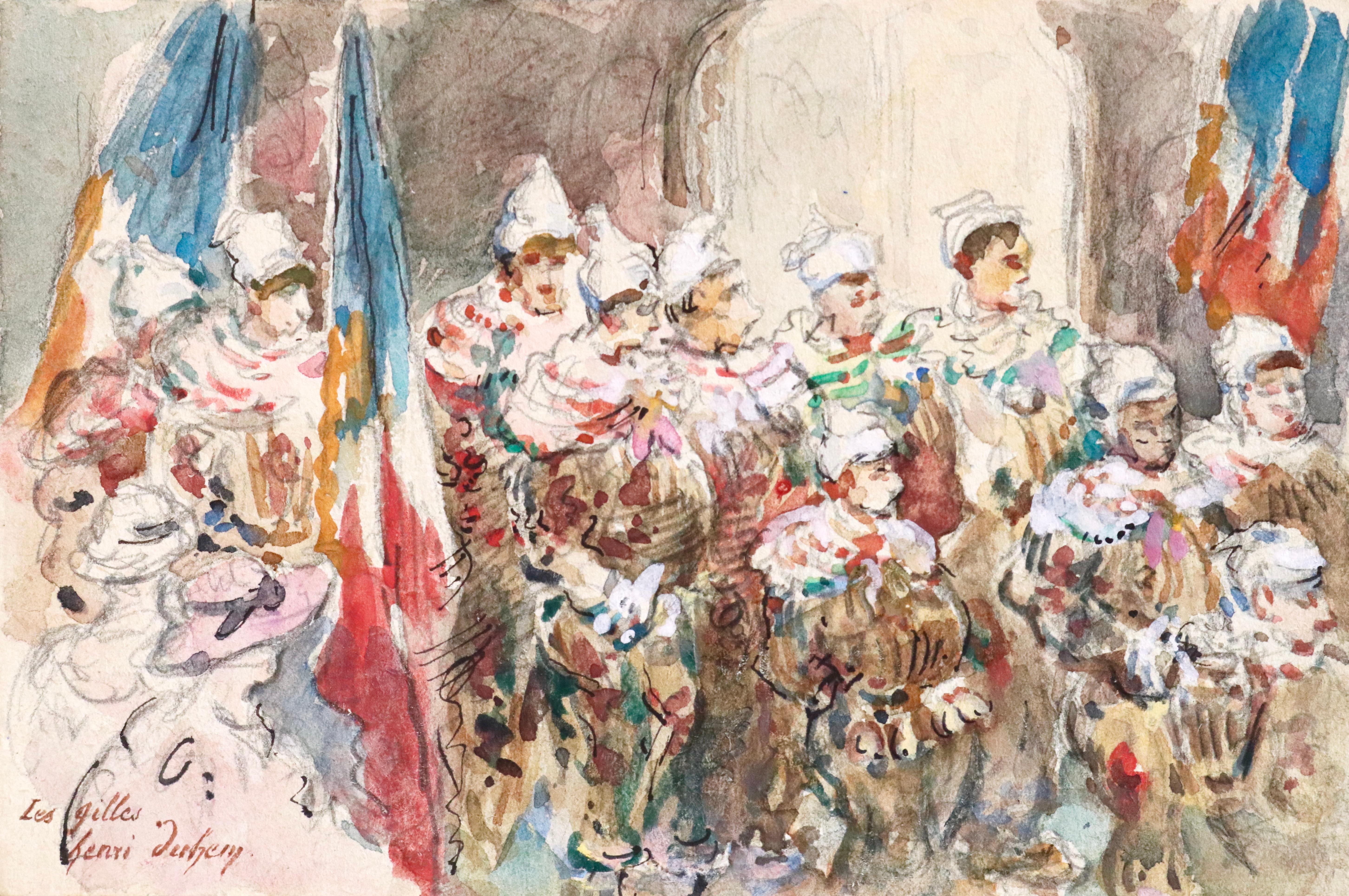Les Gilles - 19th Century Watercolor, Figures at Carnival, Belgium by H Duhem