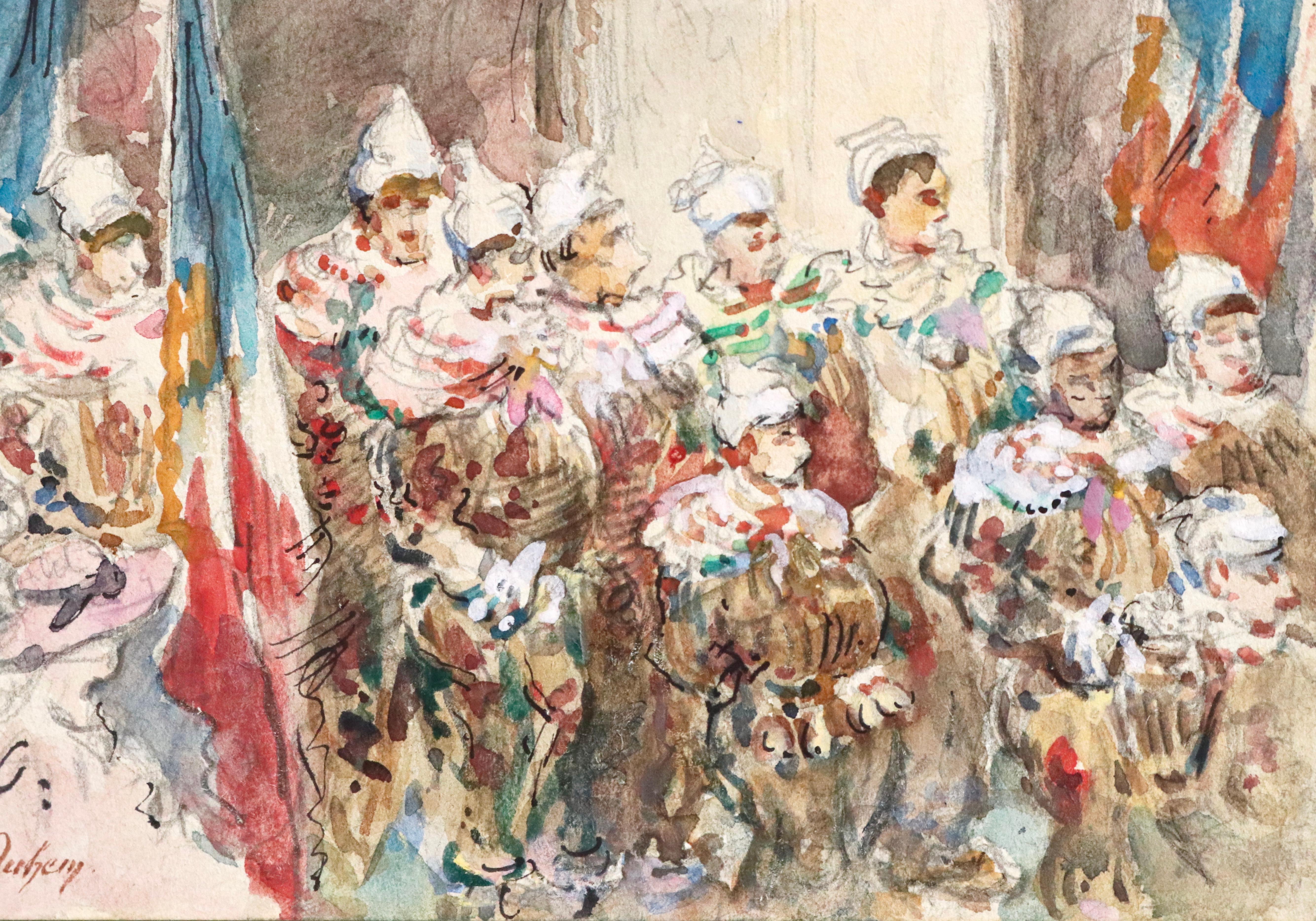 Les Gilles – Aquarell des 19. Jahrhunderts, Figuren auf Karneval, Belgien, von H Duhem (Impressionismus), Art, von Henri Duhem