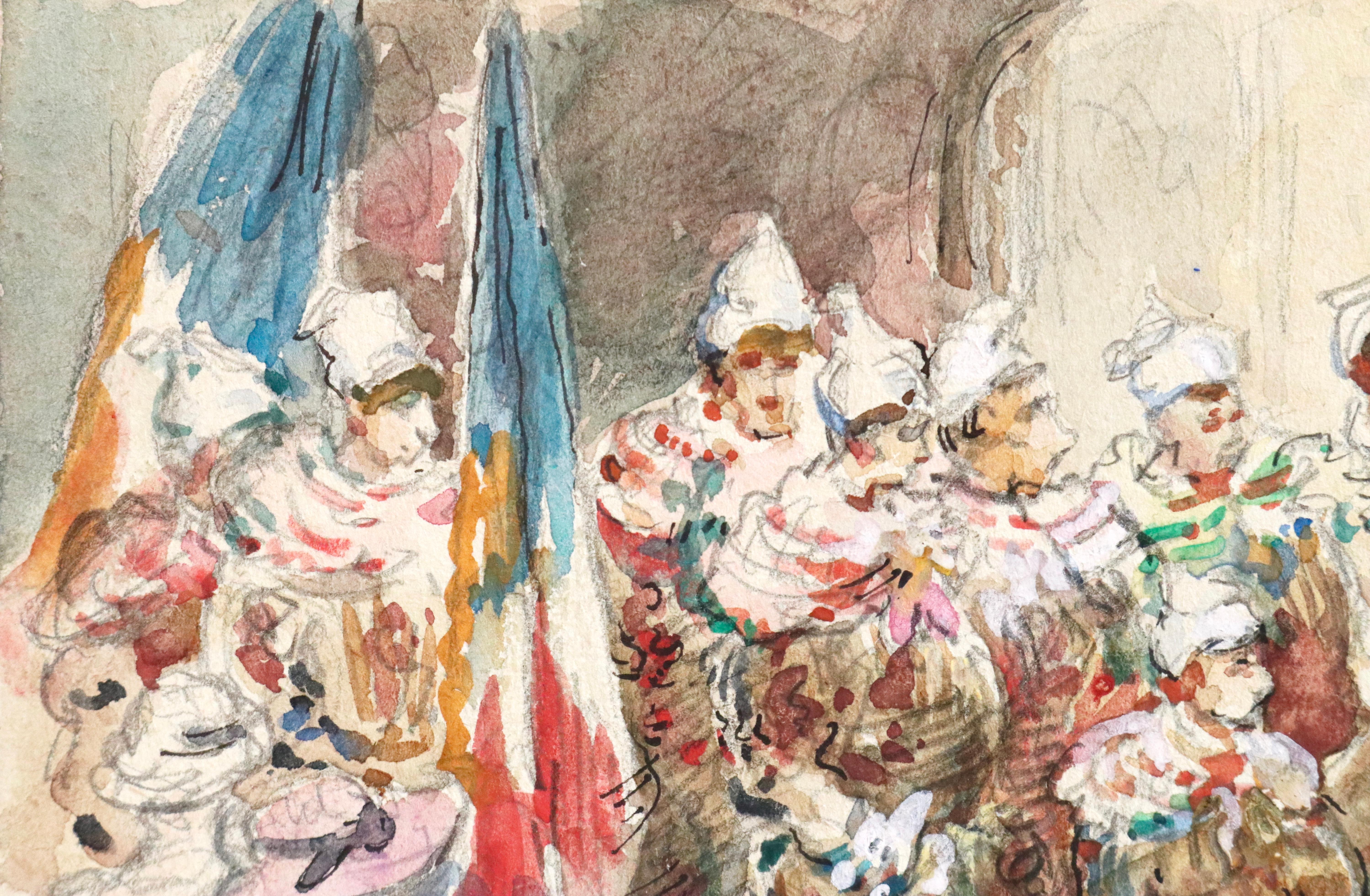 Les Gilles – Aquarell des 19. Jahrhunderts, Figuren auf Karneval, Belgien, von H Duhem (Beige), Figurative Art, von Henri Duhem