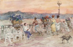 The Promenade, Juan les Pins - 19. Jahrhundert Aquarell, Figuren Landschaft Duhem