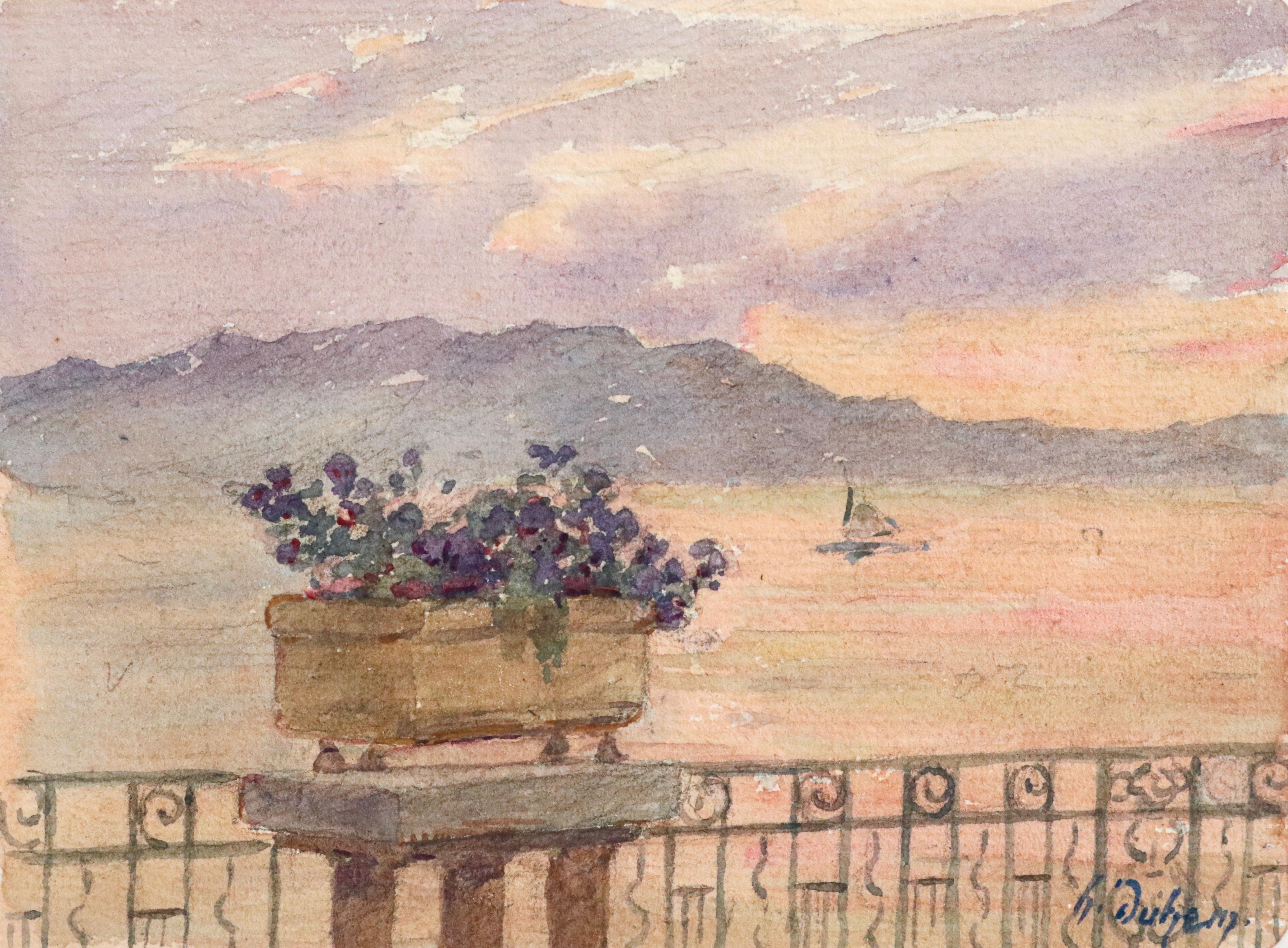 La Vue - Juan les Pins - 19th Century Watercolor, Flowers by Sea Landscape Duhem