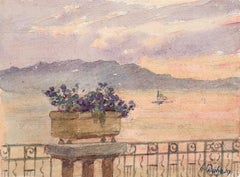 Antique La Vue - Juan les Pins - 19th Century Watercolor, Flowers by Sea Landscape Duhem