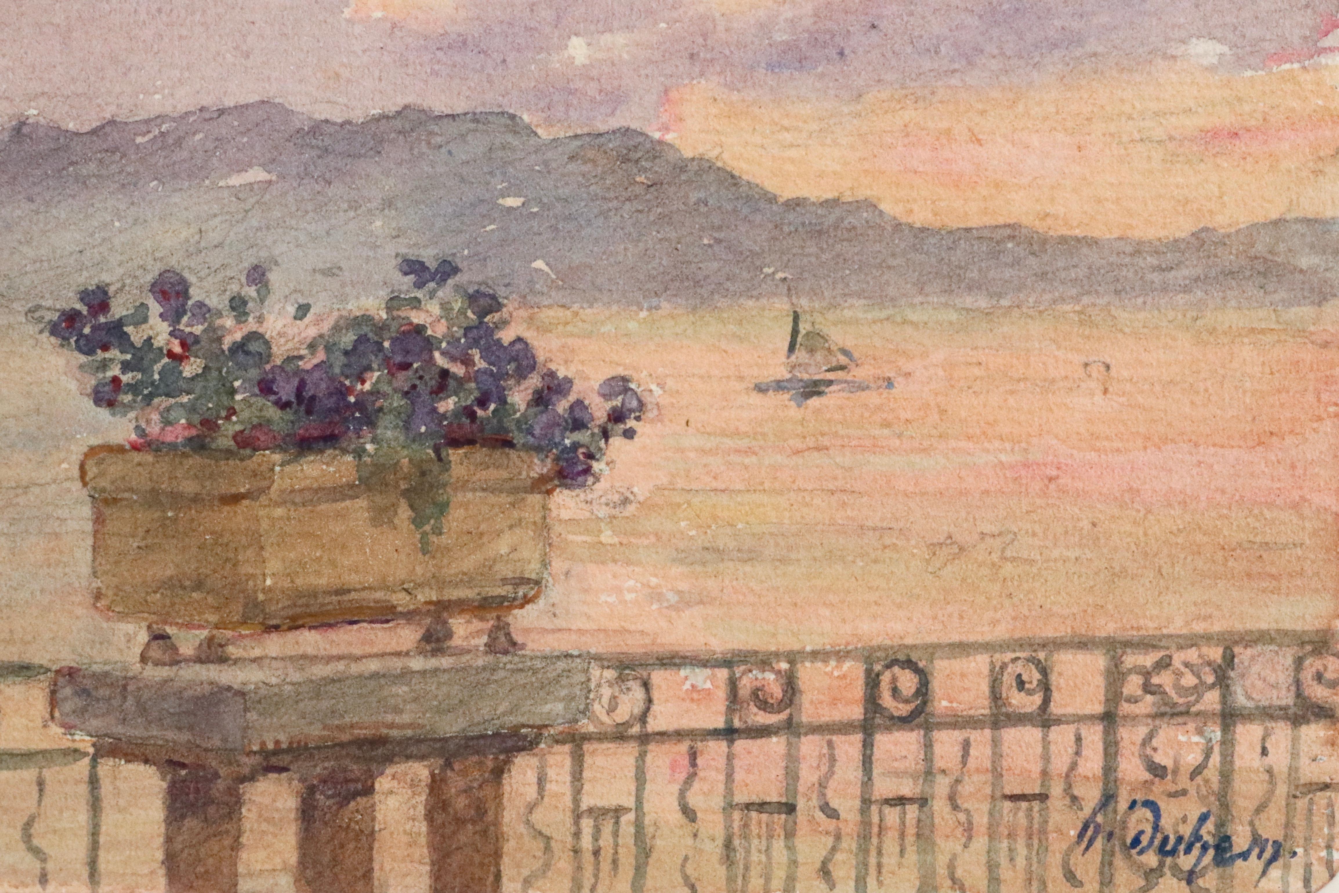 La Vue - Juan les Pins - Aquarelle du XIXe siècle, Fleurs par la mer, Paysage Duhem - Painting de Henri Duhem